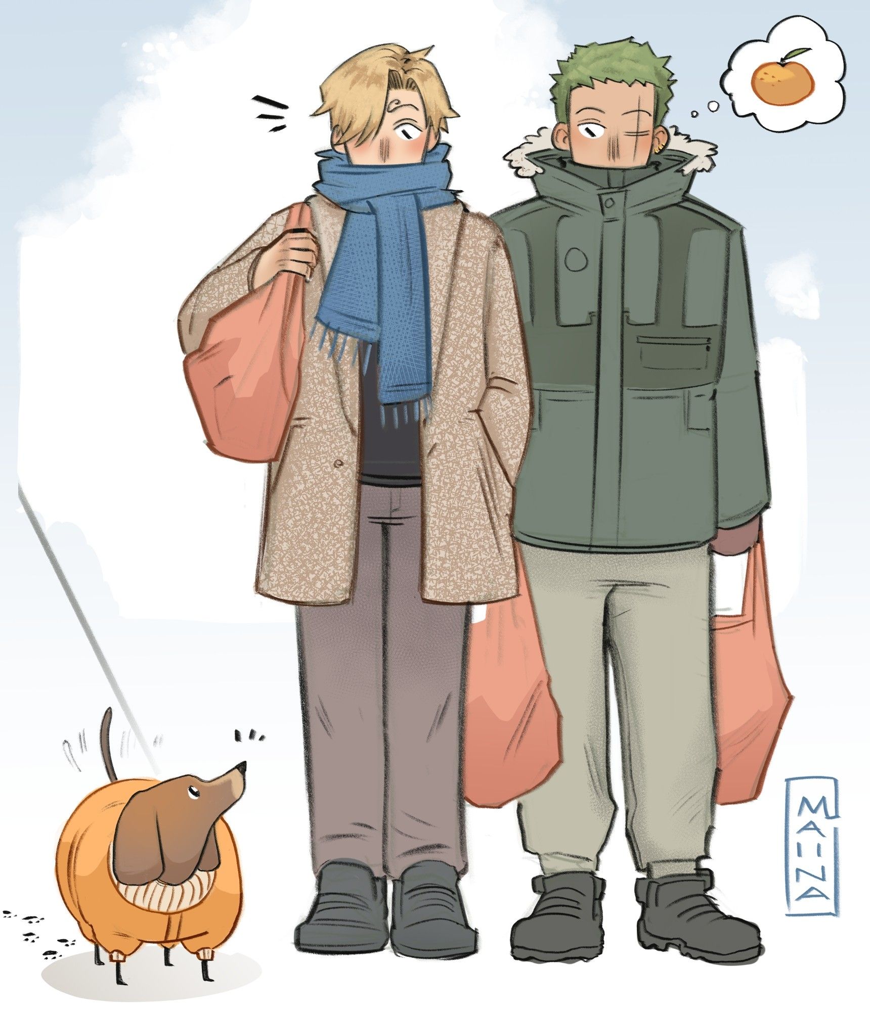 Zoro and Sanji from One Piece meeting a sausage dog on their grocery run. The dog is wearing a really buffy orange winter jacket and Zoro thinks it looks like a big clementine.