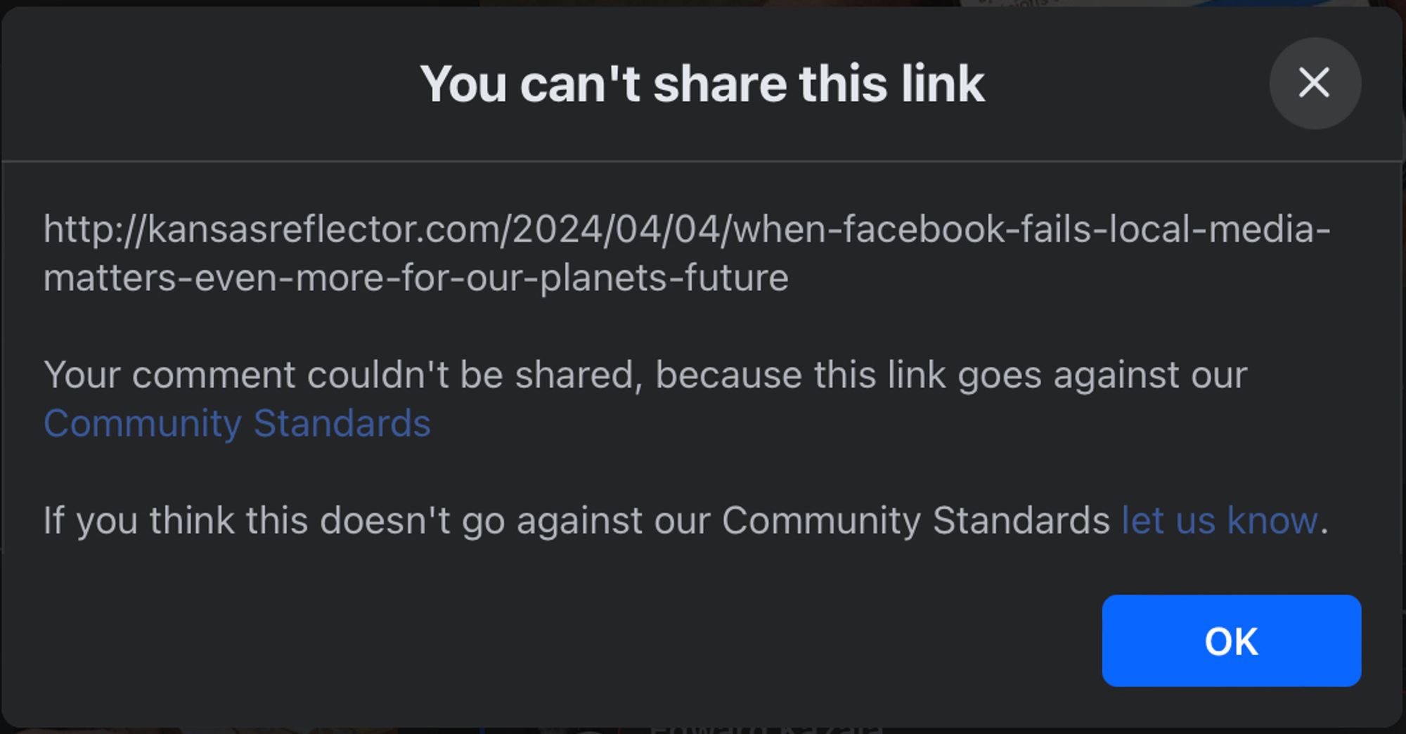 Feabook notice telling me I can't share the link.