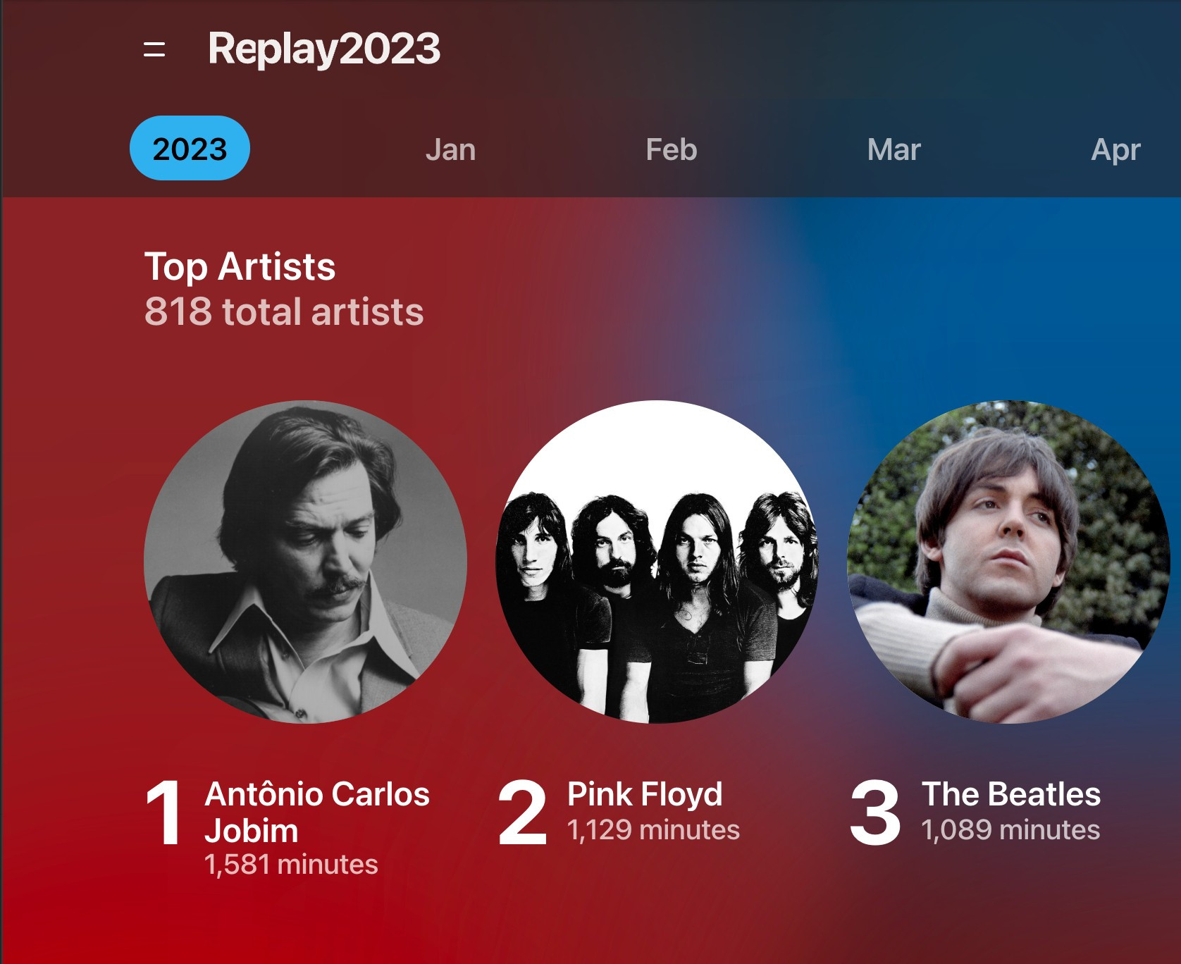 print mostrando replay2023 da apple music com 1. tom jobim 2. pink floyd 3. beatles