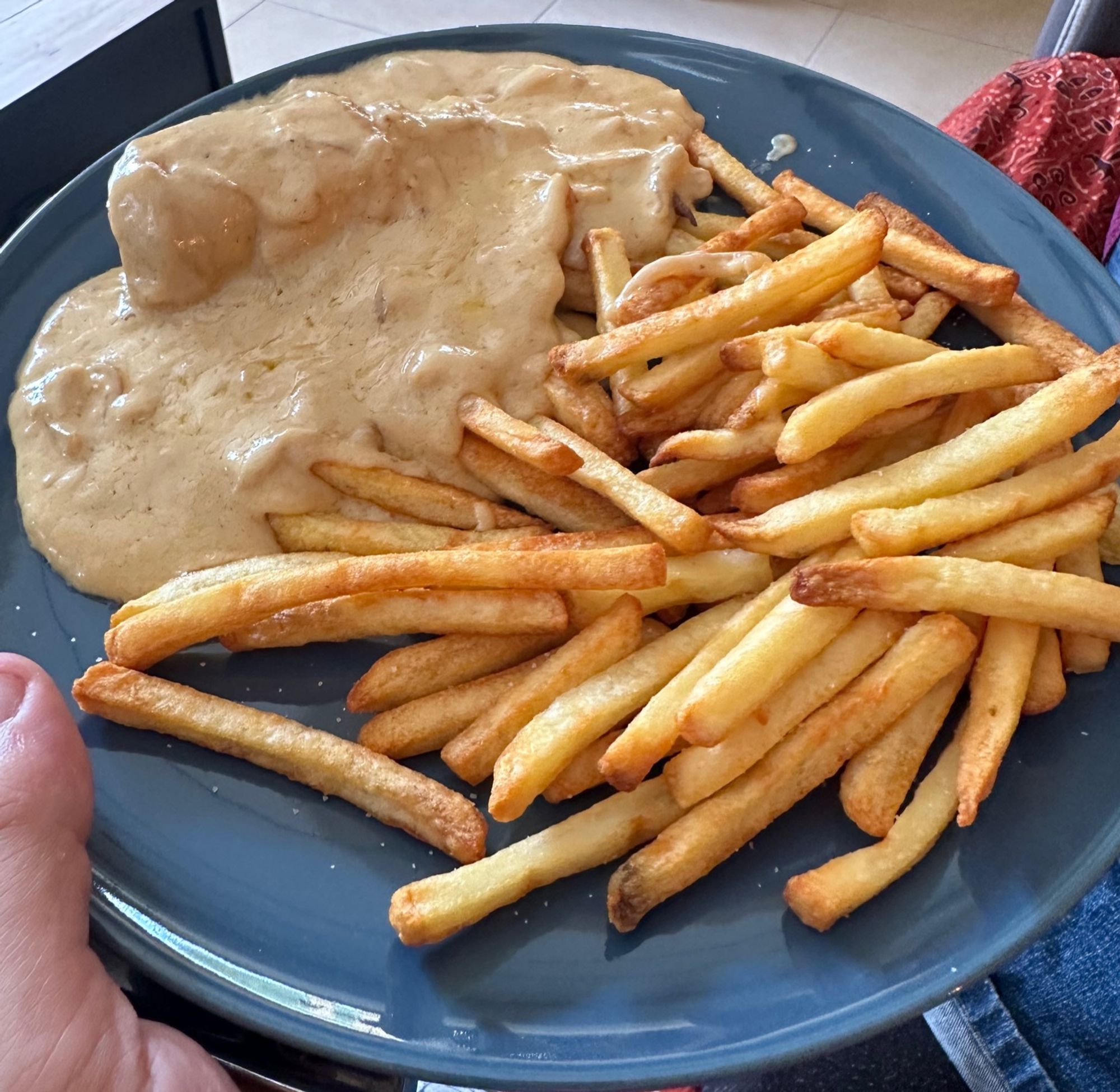 Une assiette de poulet sauce au Maroilles avec des frites.