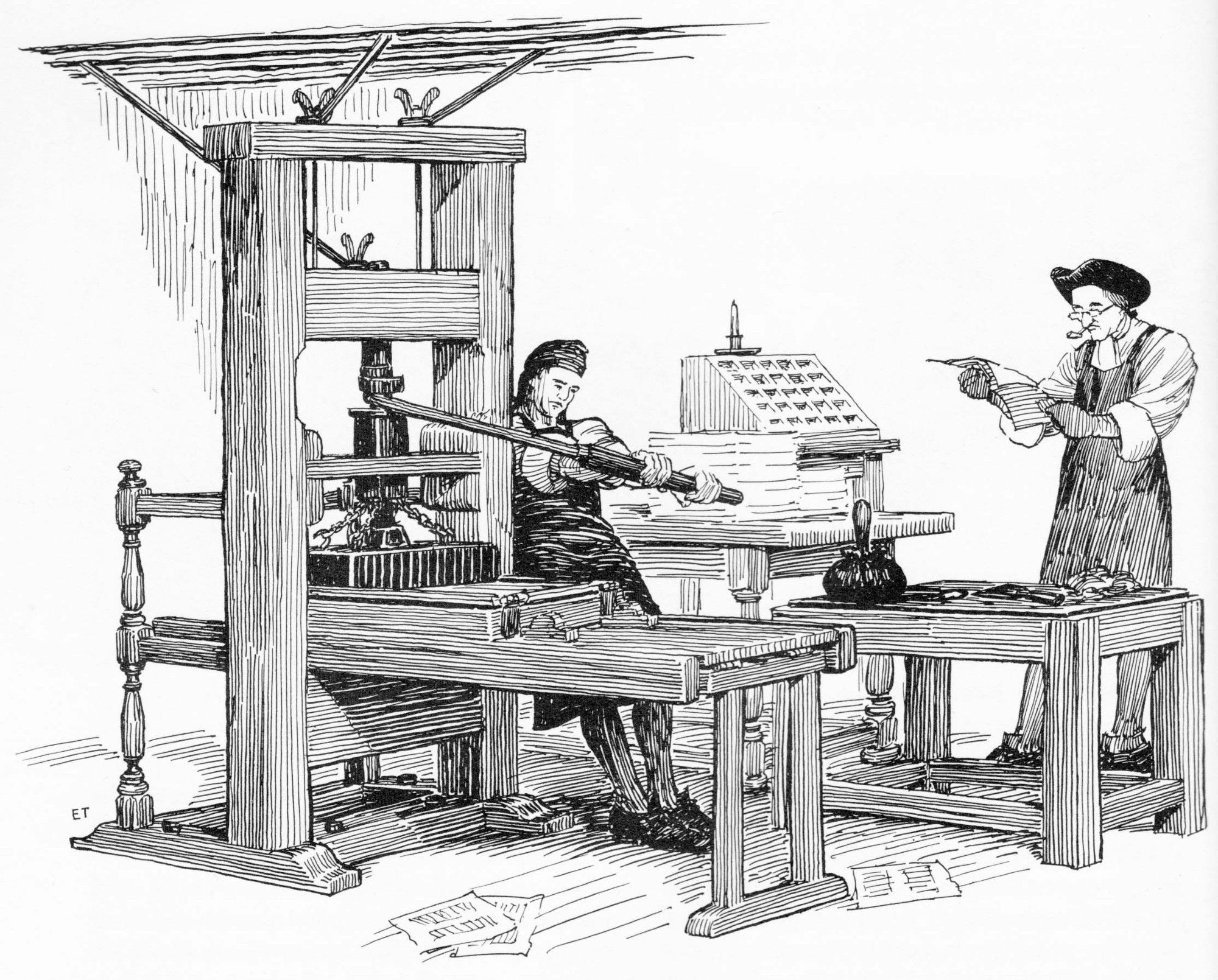 An engraving of a Tunis Press, large wooden and iron object with one person pulling a lever and another person checking copy