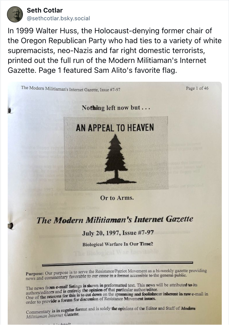 Historian Seth Cotlar shows the origins of the modern use of the "Appeal to Heaven" flag, in the late 1990s, by the militia movement