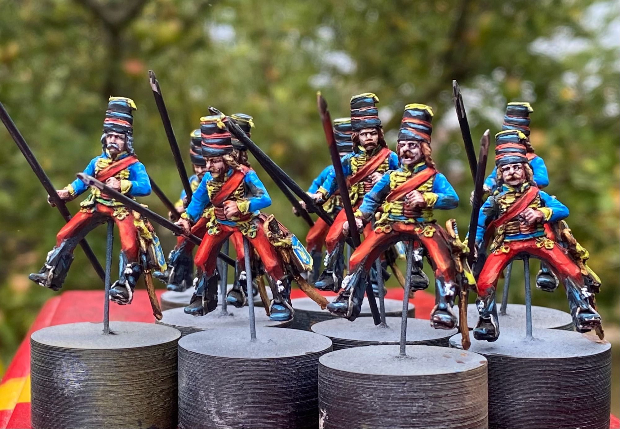 Painted wargaming miniatures in 28mm. French Hussars American War of independence.