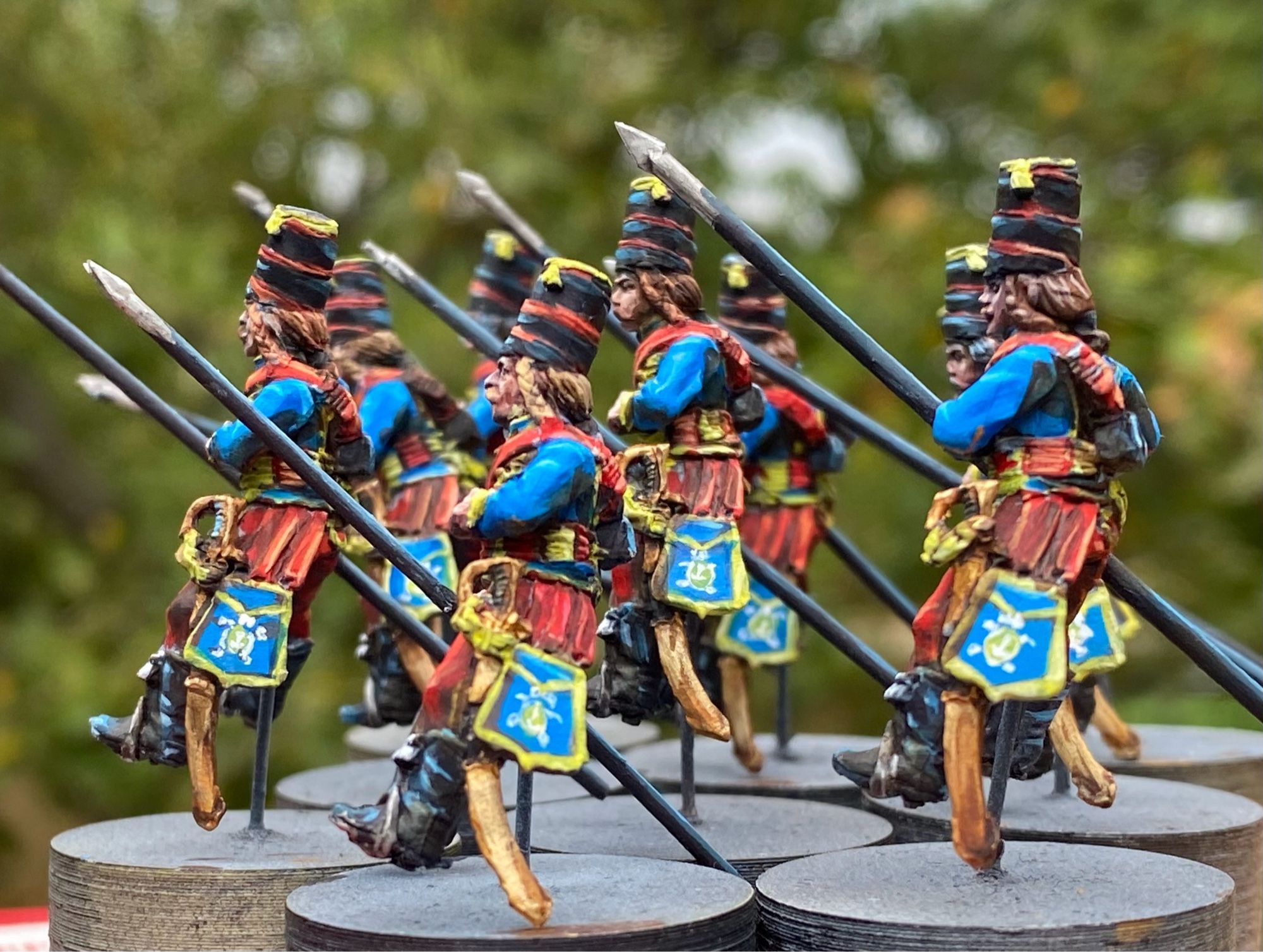 Painted wargaming miniatures in 28mm. French Hussars American War of independence. Side view.