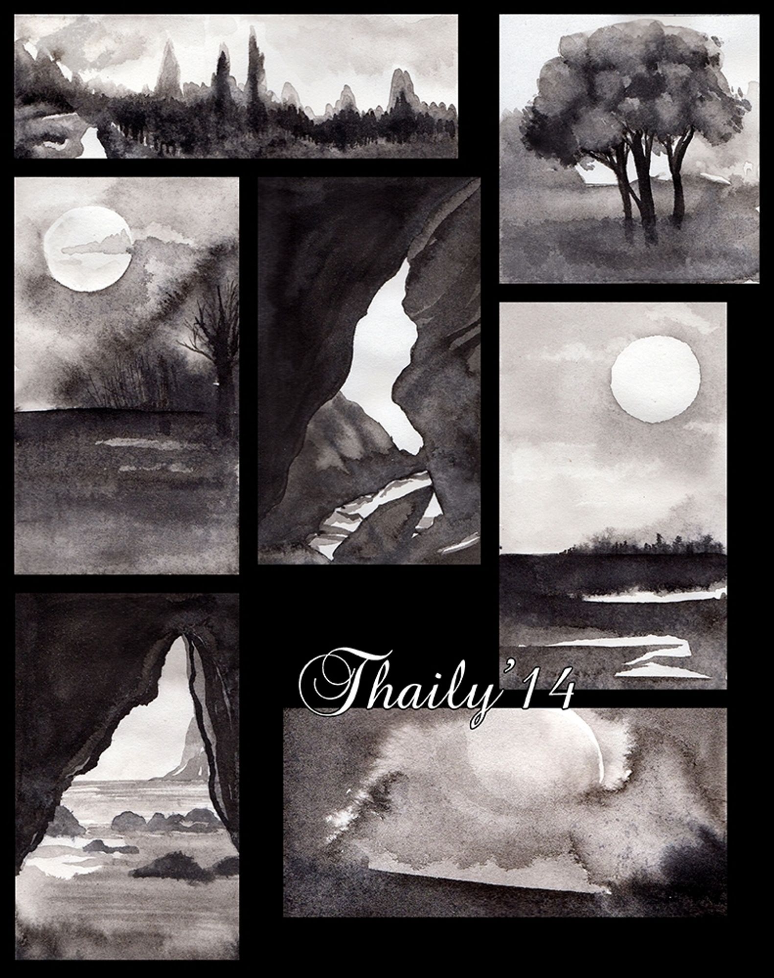 A collection of small black and white India ink paintings of landscapes with hills and trees and bodies of water, with a moody atmosphere.