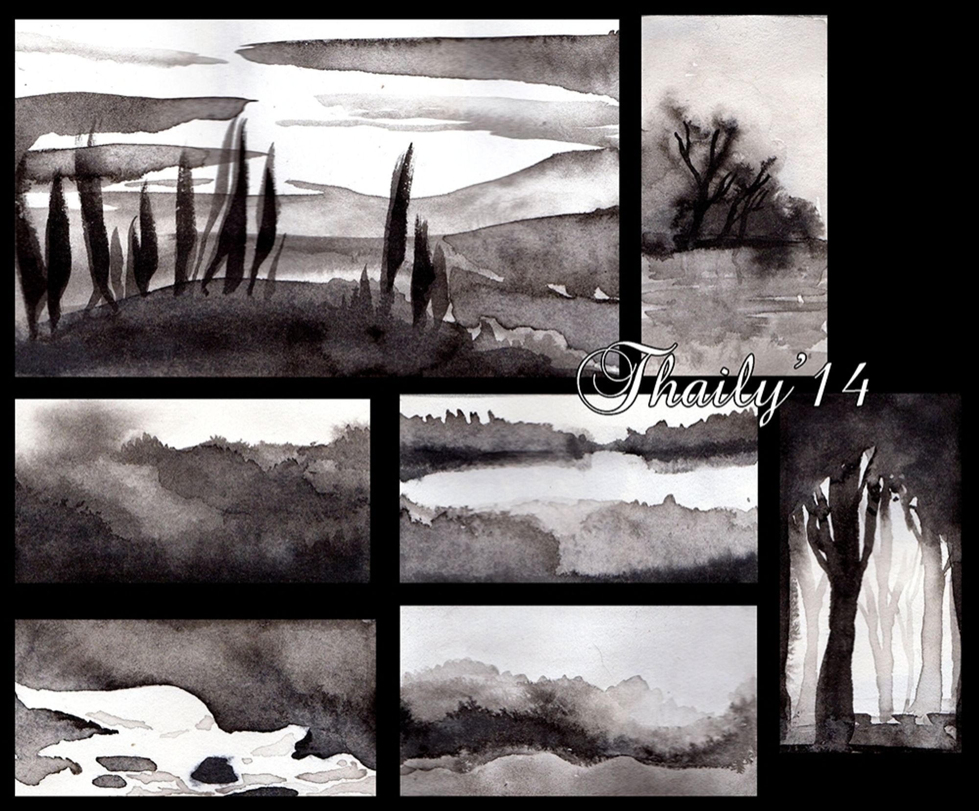 A collection of small black and white India ink paintings of landscapes with hills and trees and bodies of water, with a moody atmosphere.