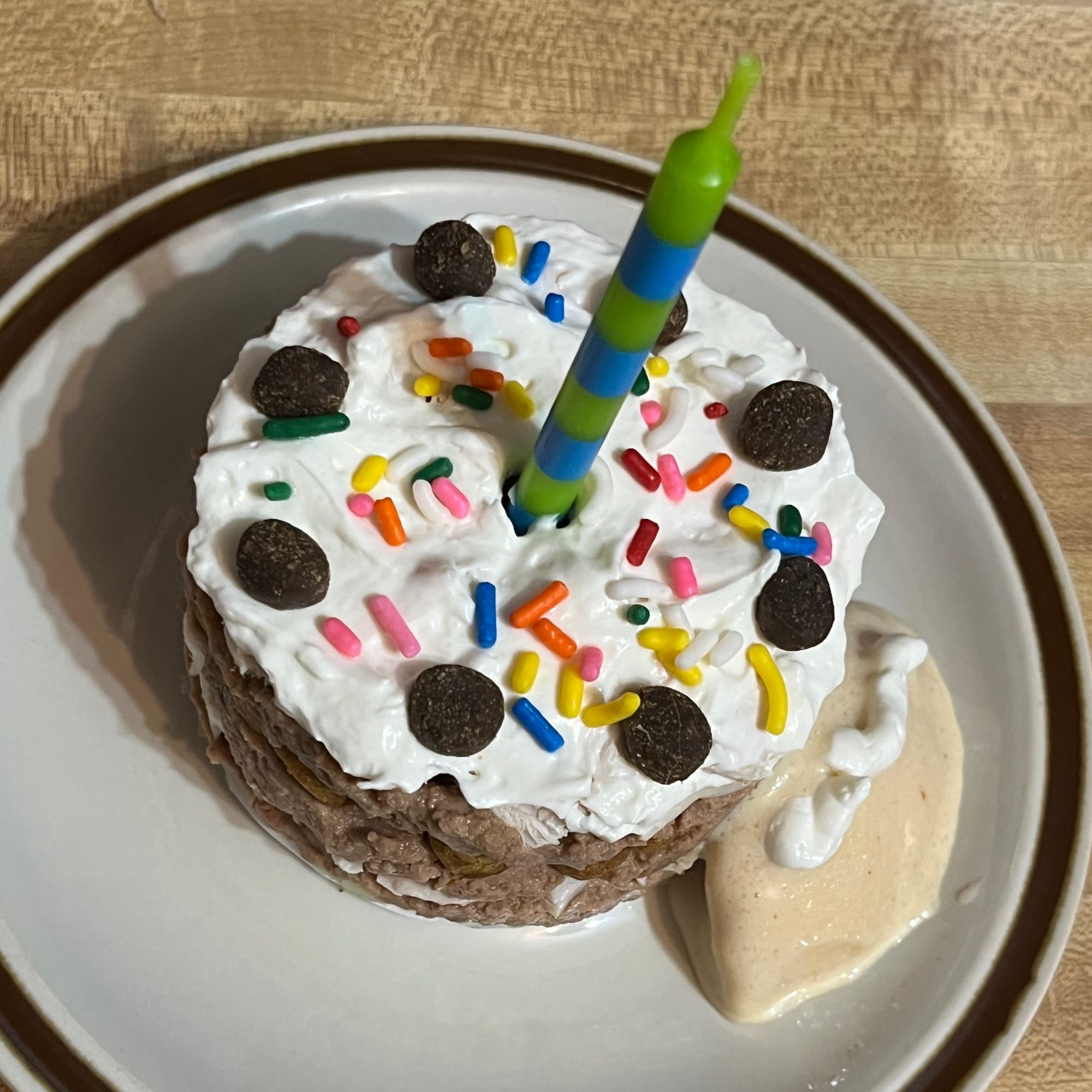 a tiny doggie birthday cake with a quenelle of peanut butter puppy ice cream and a candle