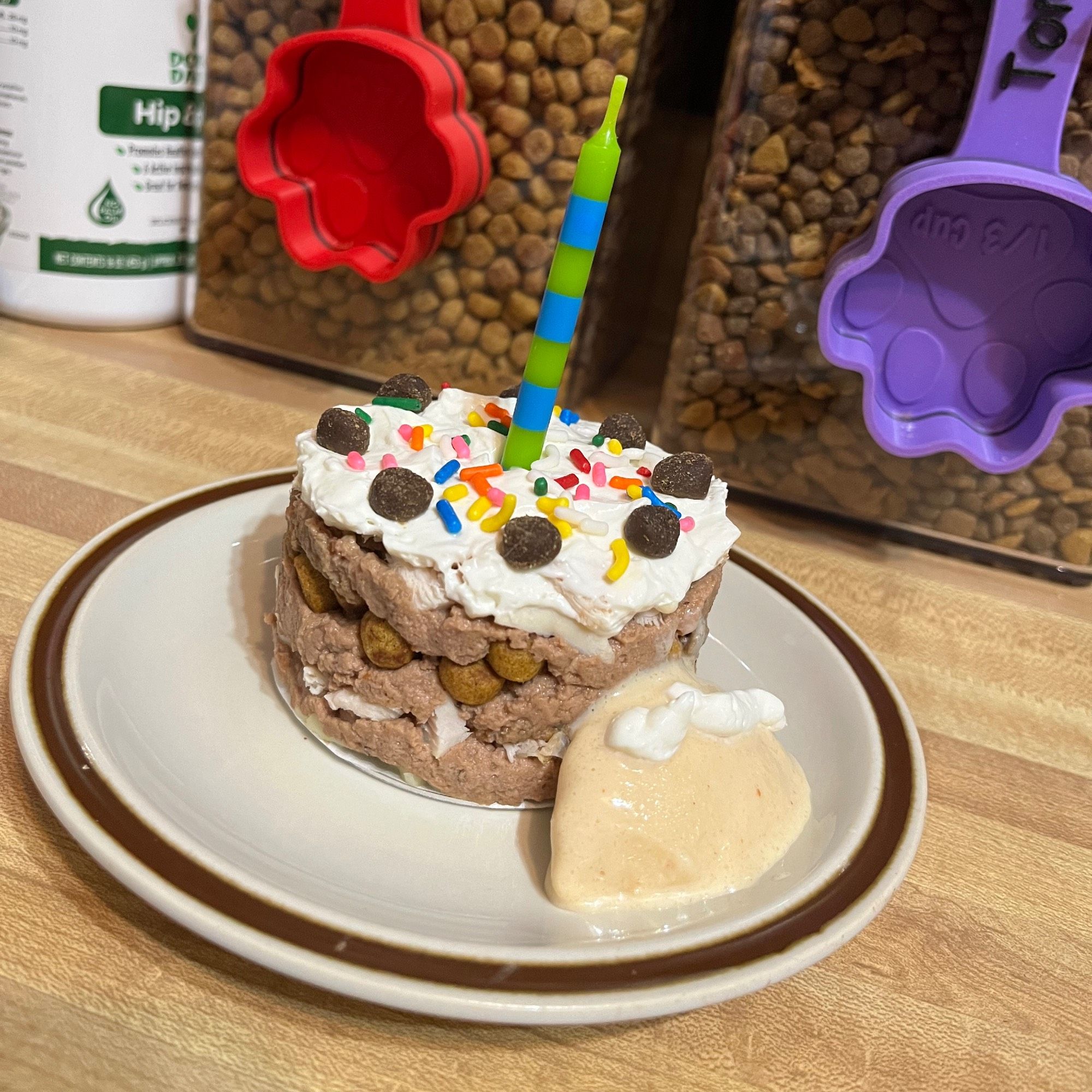 the tiny doggie birthday cake from the side to show the "layers" are cheese, shredded chicken breast, sirloin pate dog food, and kibble. plus whipped cream cheese for "frosting" with training treats and rainbow sprinkle decorations.