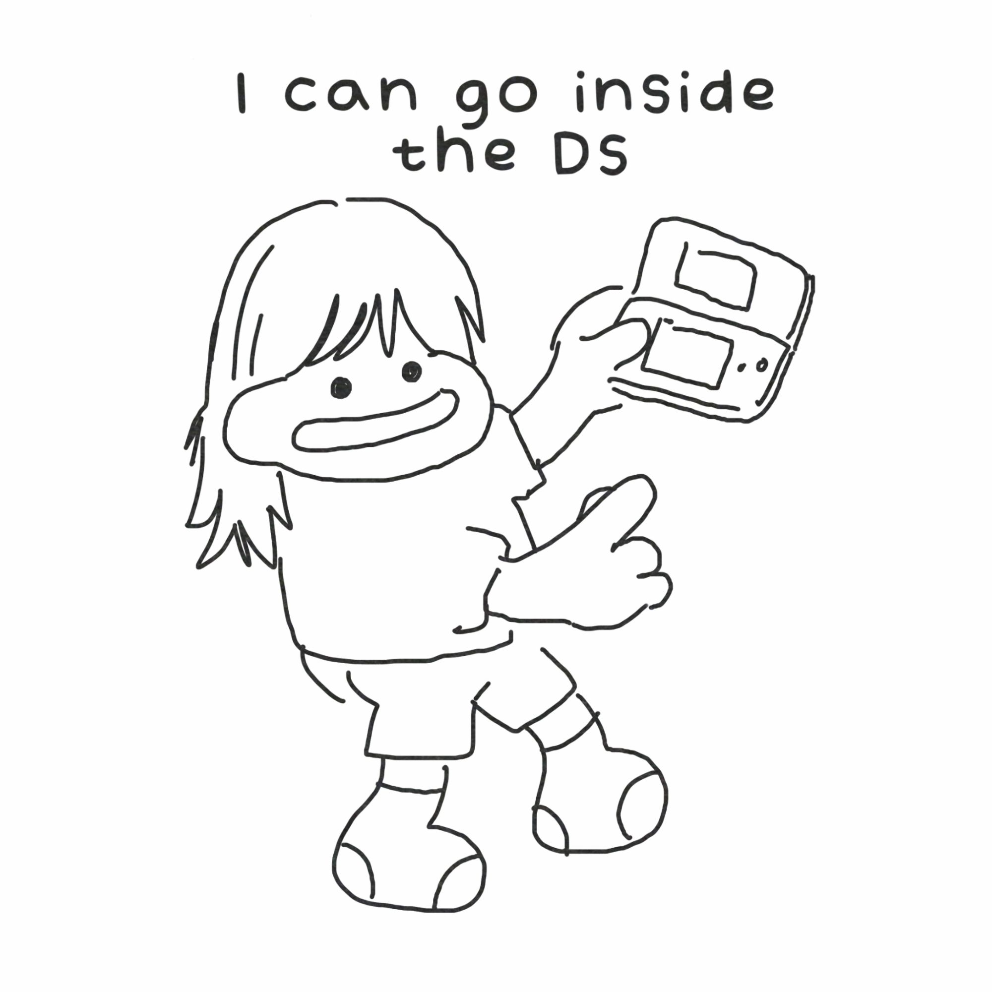 A girl holds a Nintendo 3DS. Text reads: "I can go inside the DS".