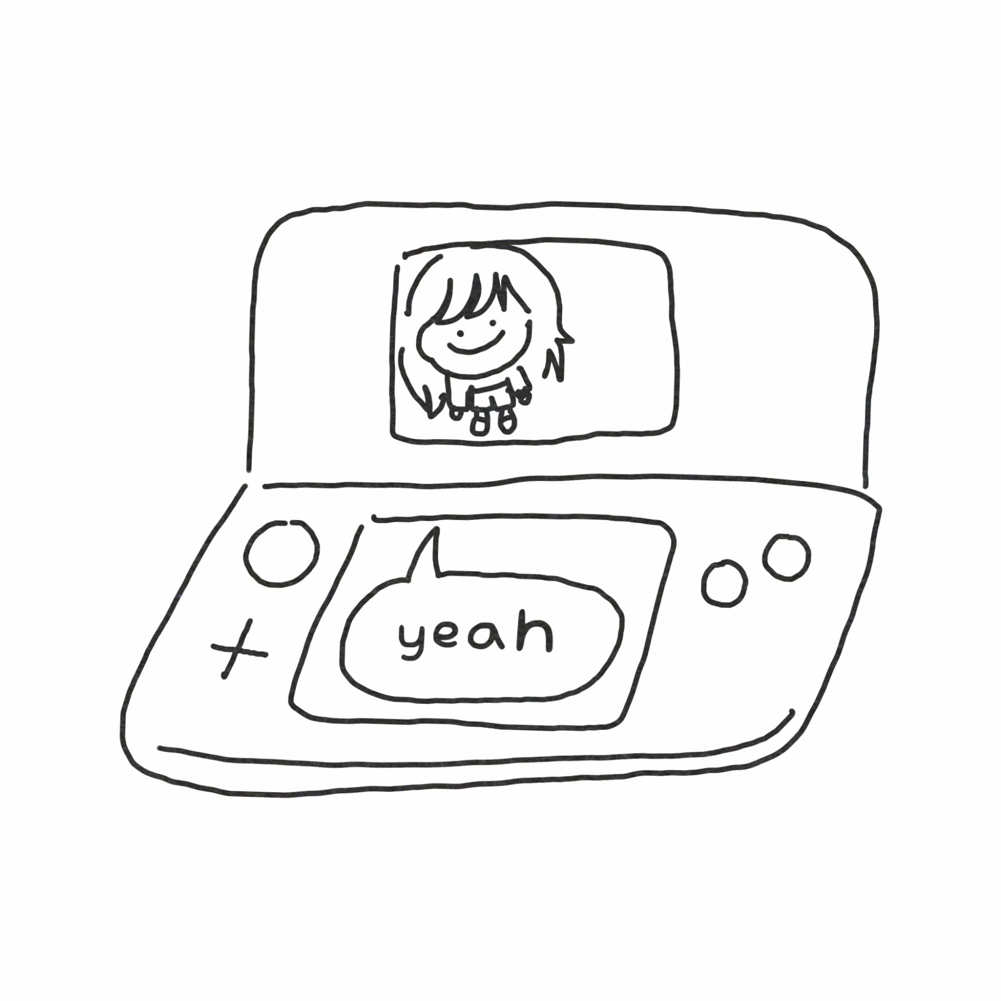 The girl appears inside the console's top screen. The bottom screen reads: "yeah".