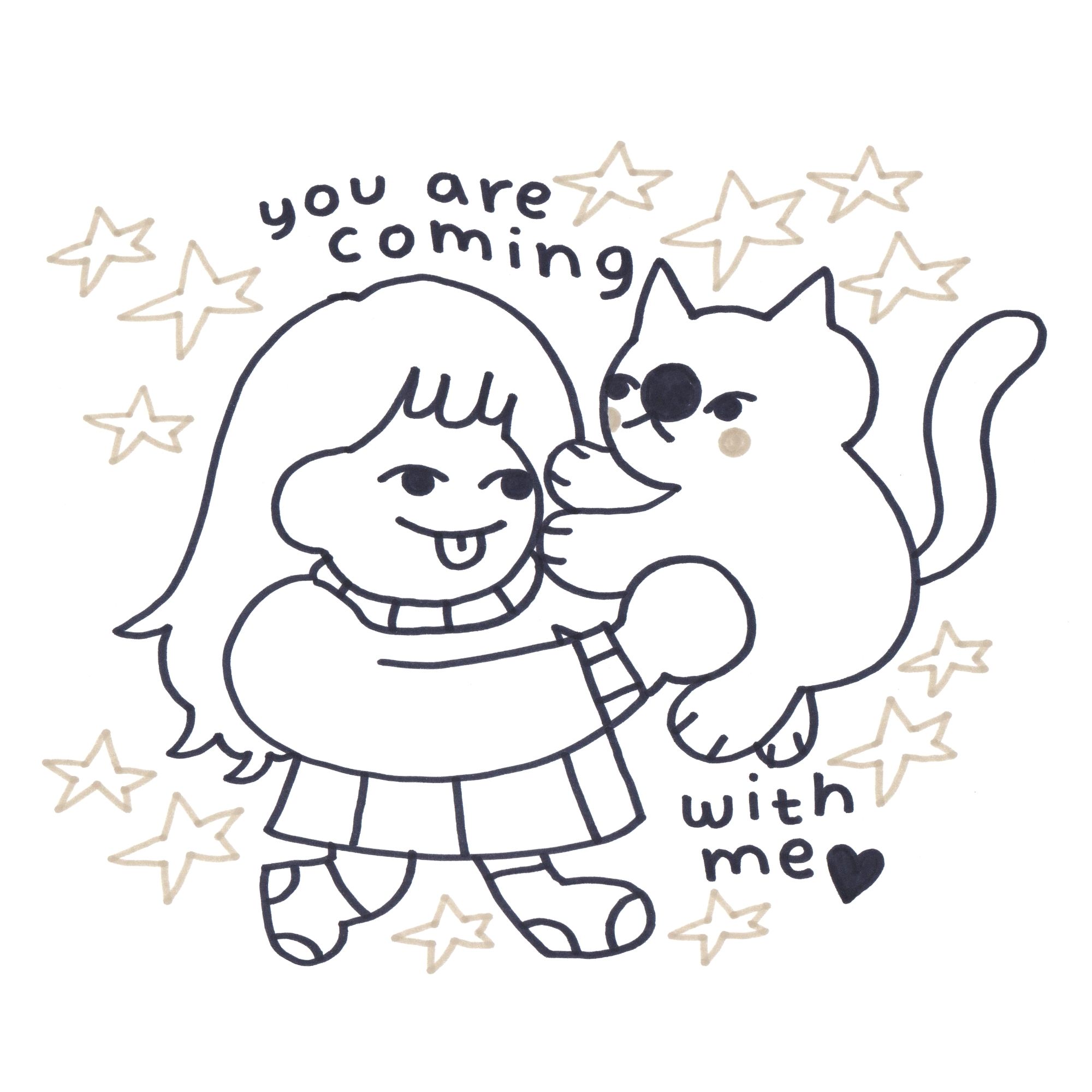 A girl holds a cat in her arms. Text reads: "you are coming with me".