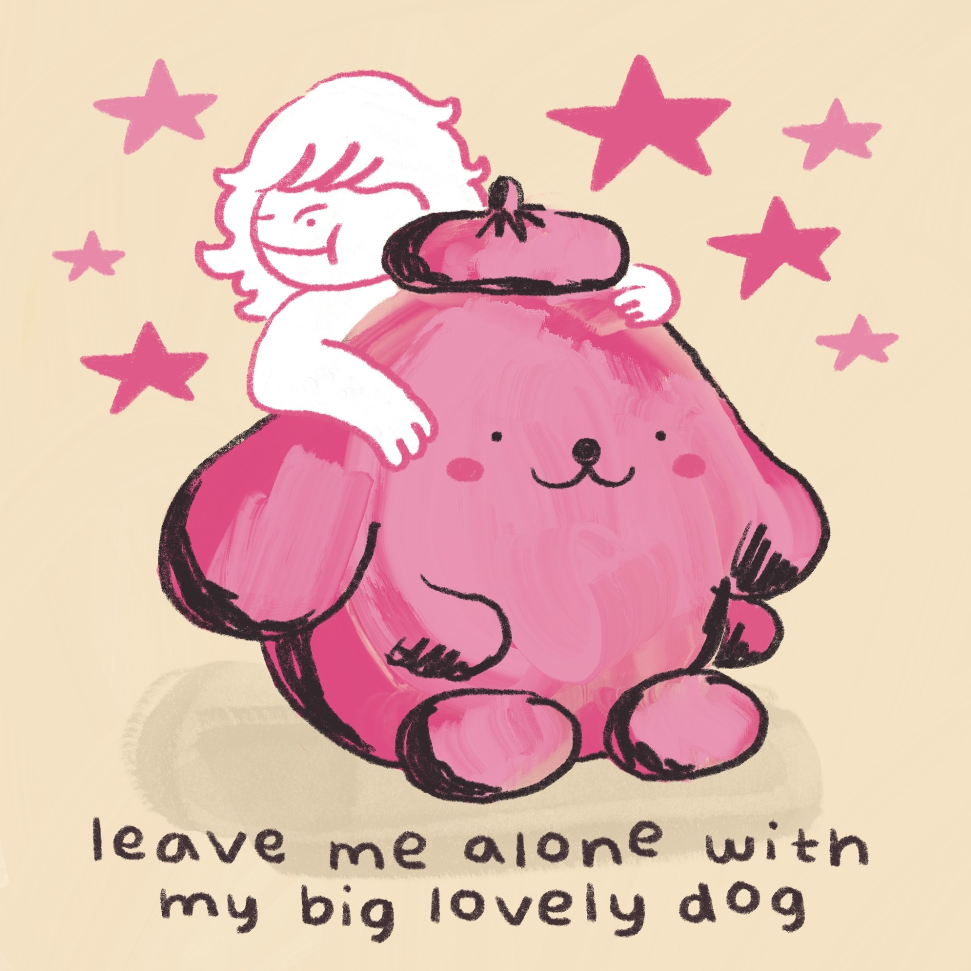 A girl embraces the large, round dog Pompompurin from behind. Text reads: "leave me alone with my big lovely dog".