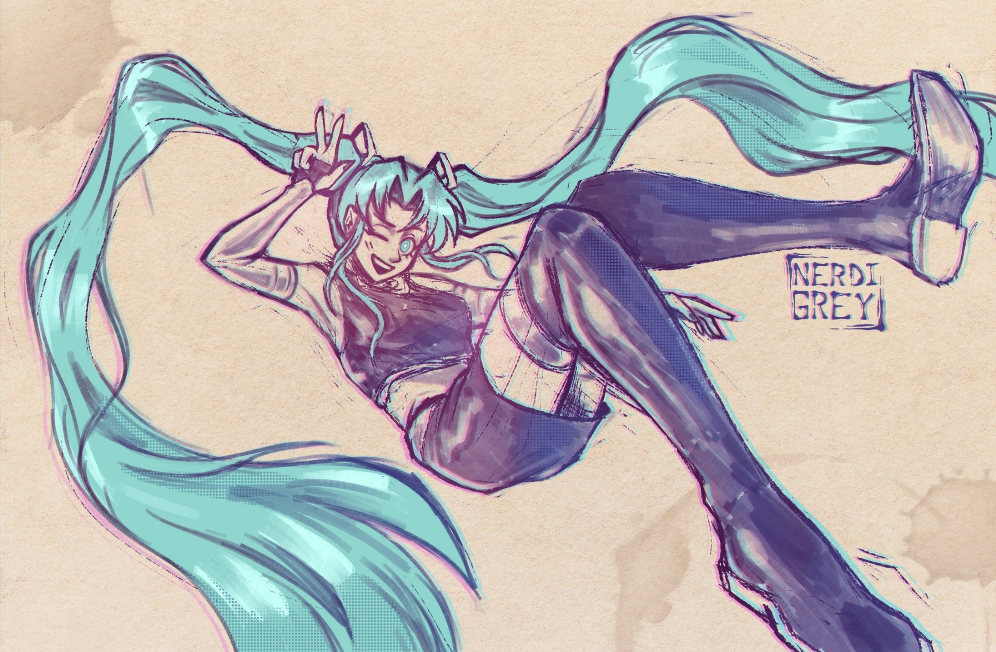 A sketchy drawing of Starfire Miku floating in the air, her mint/light blue, twin-tail hair floating all around her. She is winking and making a peace sign with her hand. The drawing is loose, sketchy, and is mostly monotone, save for her colored hair. The sketch has a purple hue. The background is a rough, stained piece of paper. The chromatic aberration is strong in this drawing.