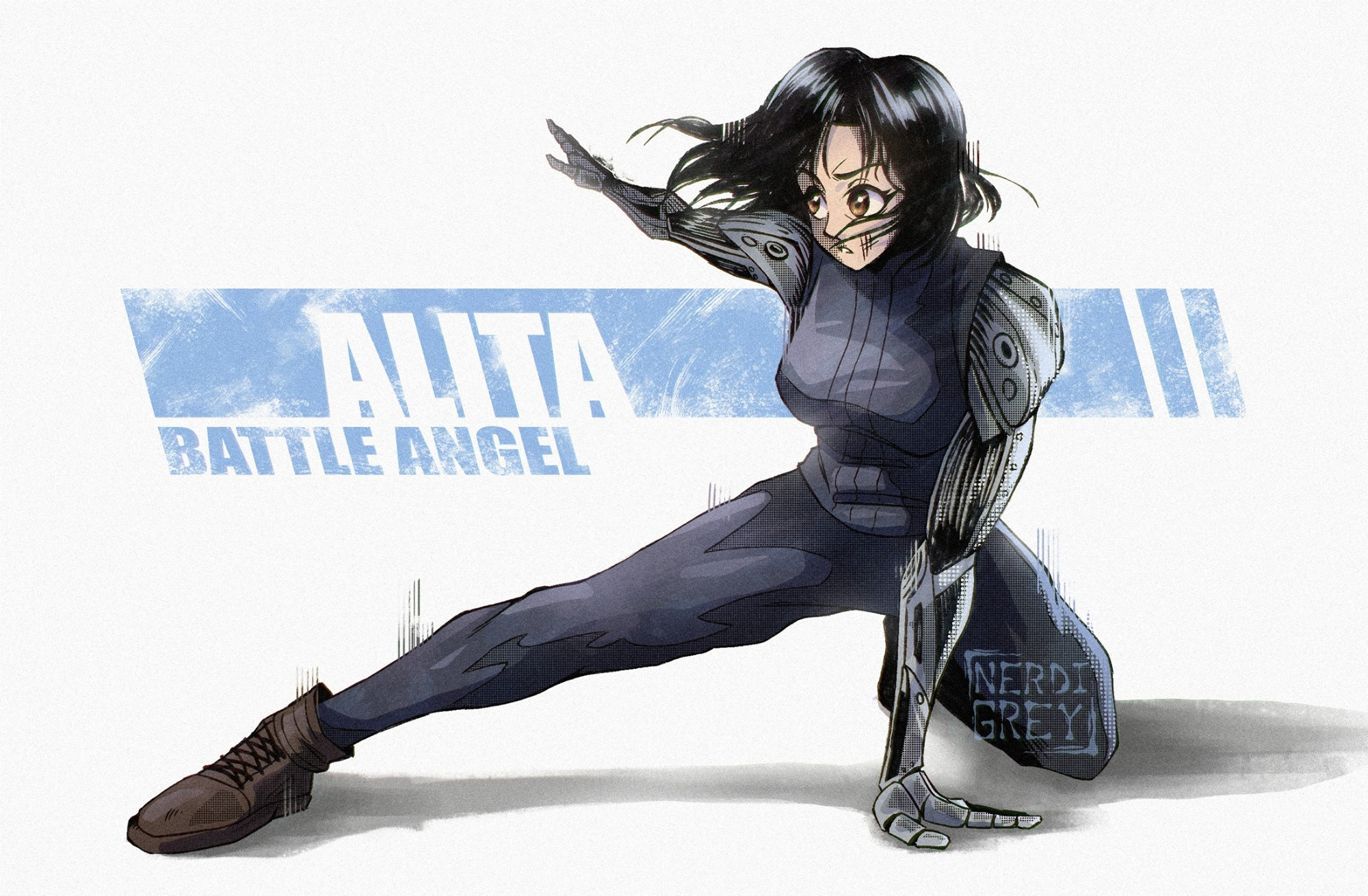 An anime style illustration of Alita (or Gally) posed low to the ground, looking like she just landed from doing a sick ninja move.  Behind her is a blue slanted rectangle with the words, "Alita Battle Angel". The rectangle has a old, scratched and worn look.