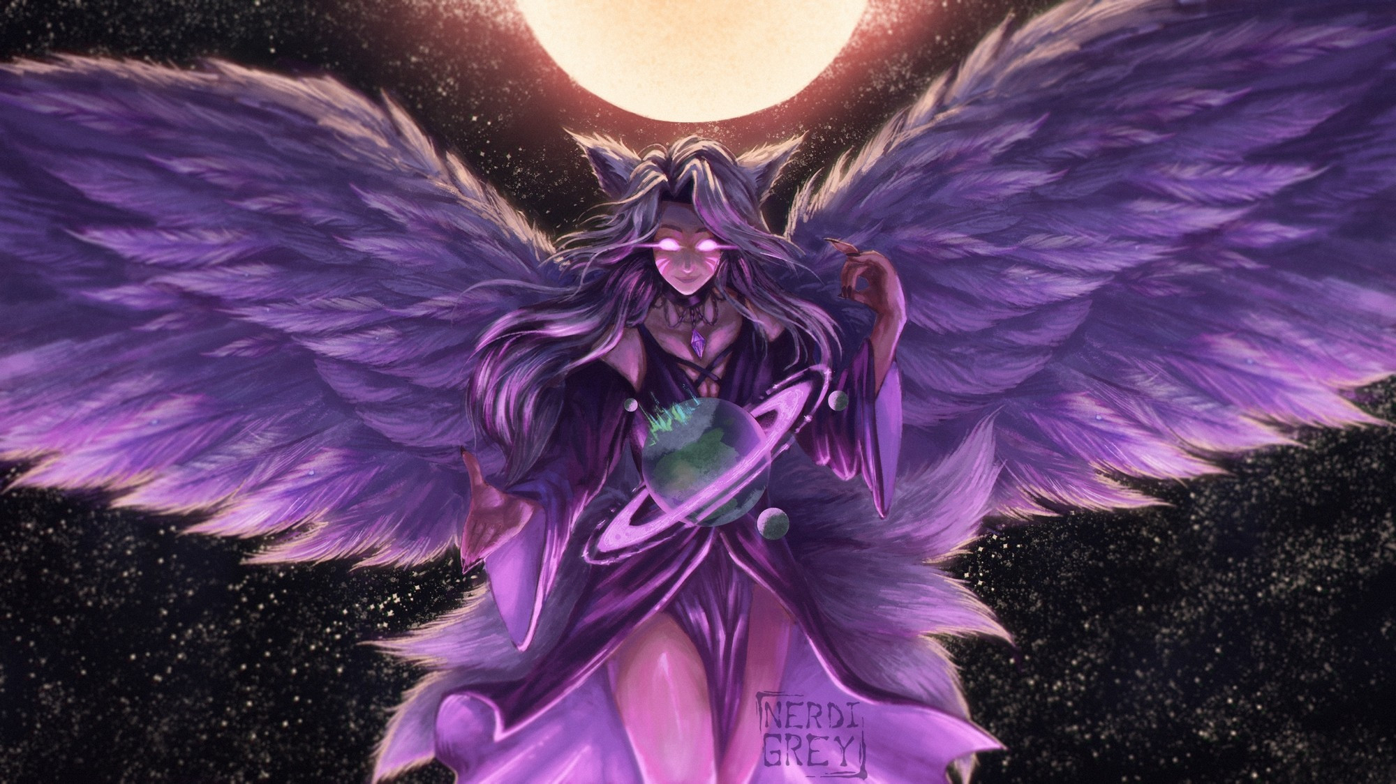 an illustration of a kitsune goddess with white wings and fluffy, white fox tails. She has glowing, pink eyes and marks on her face. She is floating in space with a sun-like star behind her and a planet in front of her. The planet has a purple, glowing ring and three moons.