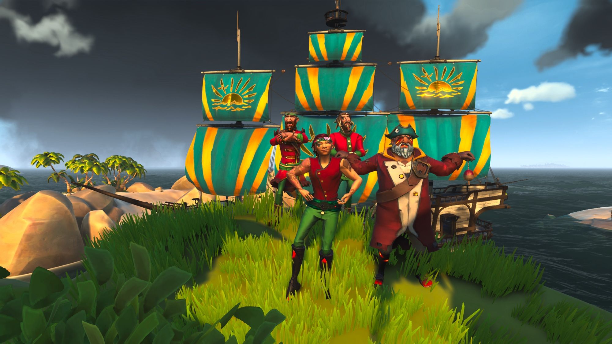 A group of pirates dressed like Santa’s elves with a Santa on the right and a gally with golden hour sails in the background