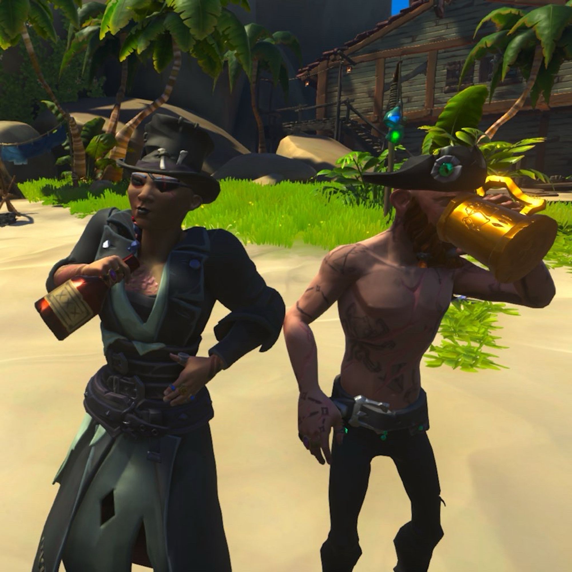 Two pirates drinking with relief after getting their loot back