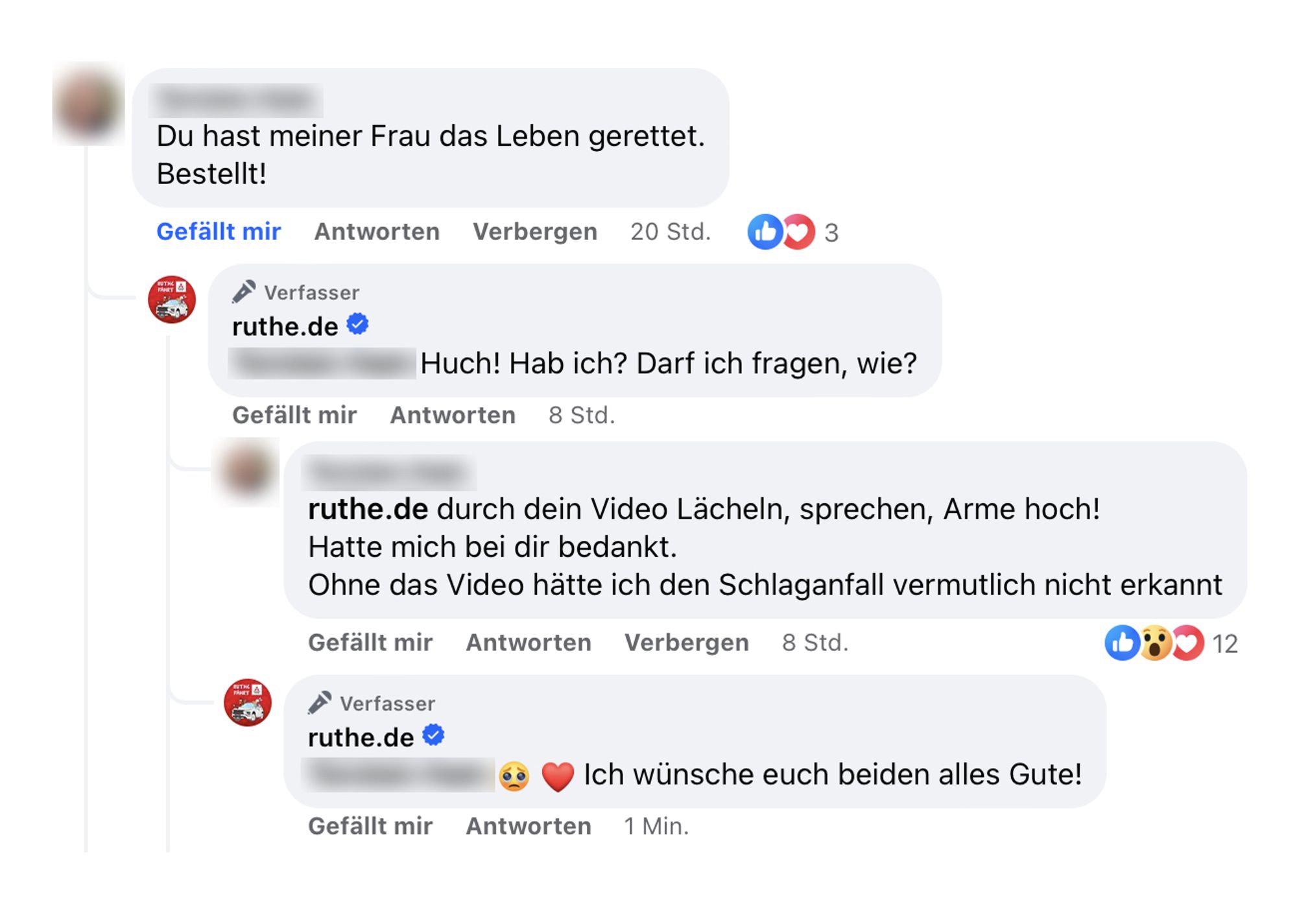 Screenshot eines Dialogs unter einem Facebook-Post, bei mir ein Follower schreibt, das mein Video "Lächeln Sprechen Arme Hoch" seiner Frau das Leben gerettet hat.