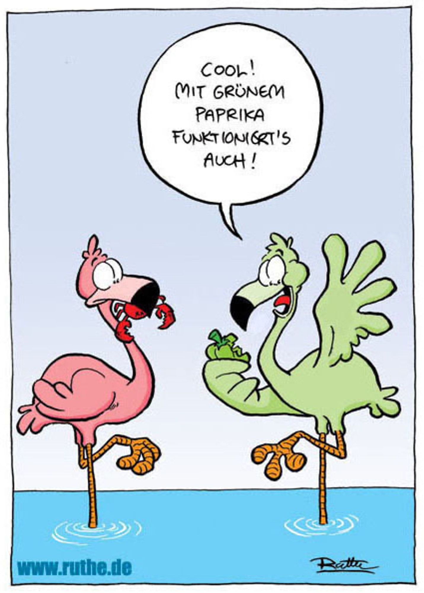 Zwei Flamingos. Der linke ist rosa, mit einer Krabbe im Schnabel. Der rechte ist grün. Begeistert schaut er auf sein Gefieder und sagt: "Cool! Mit grünem Paprika funktioniert's auch!"