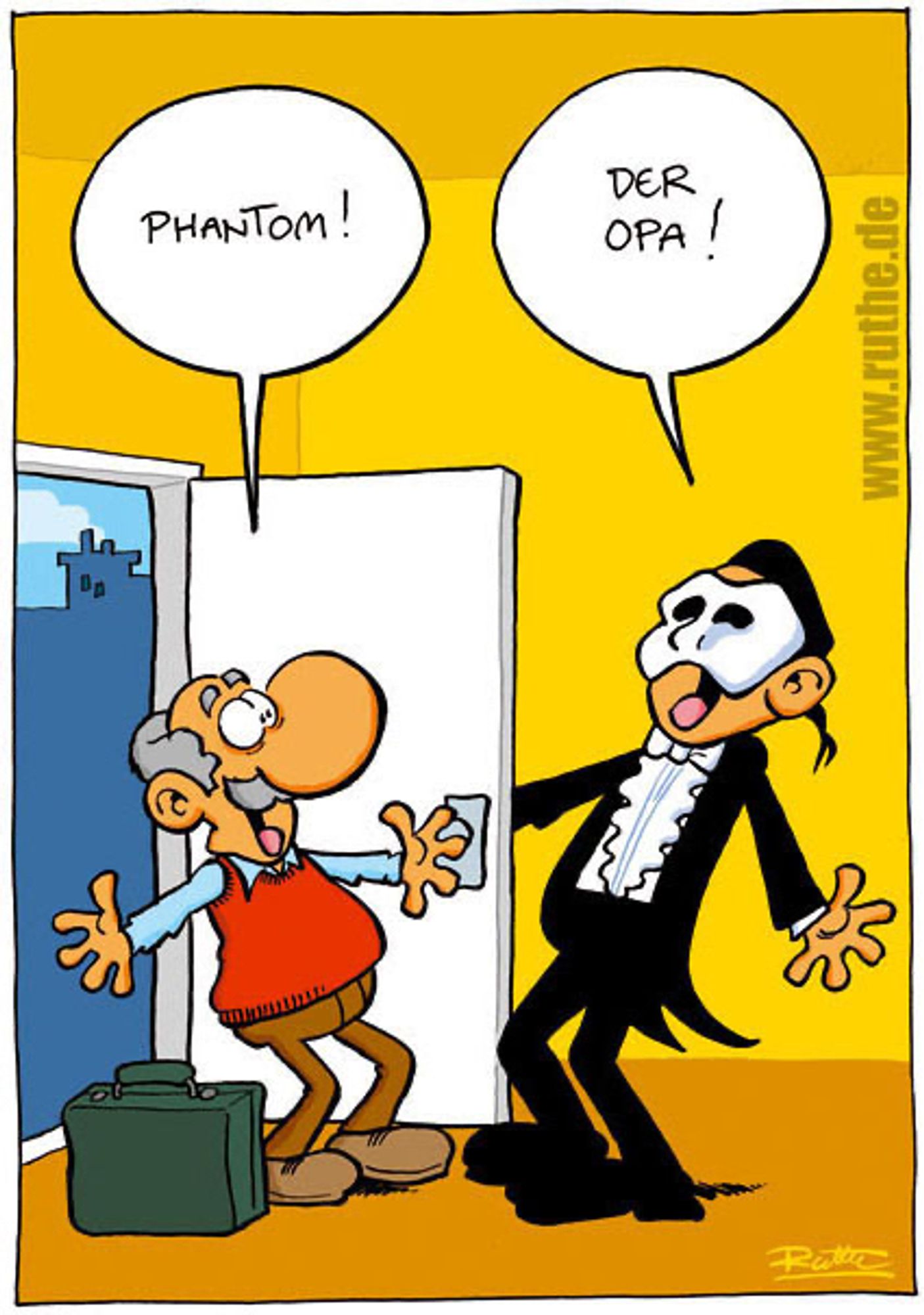 Links ein Großvater mit Koffer, der im Türrahmen steht. Rechts Erik, das Phantom. Großvater (begeistert): "Phantom!". Phantom (ebenfalls begeistert): "Der Opa!".