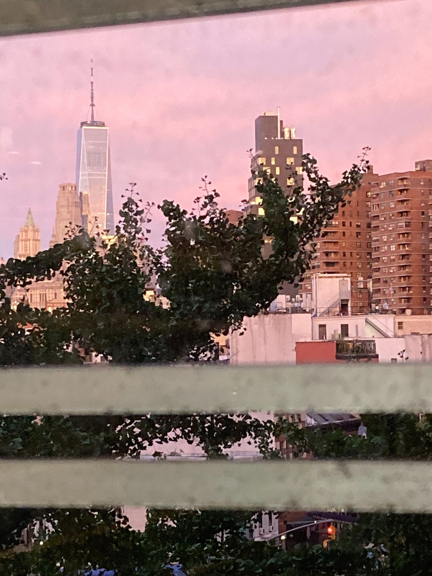 WTC against a pink sky through sooty window guards