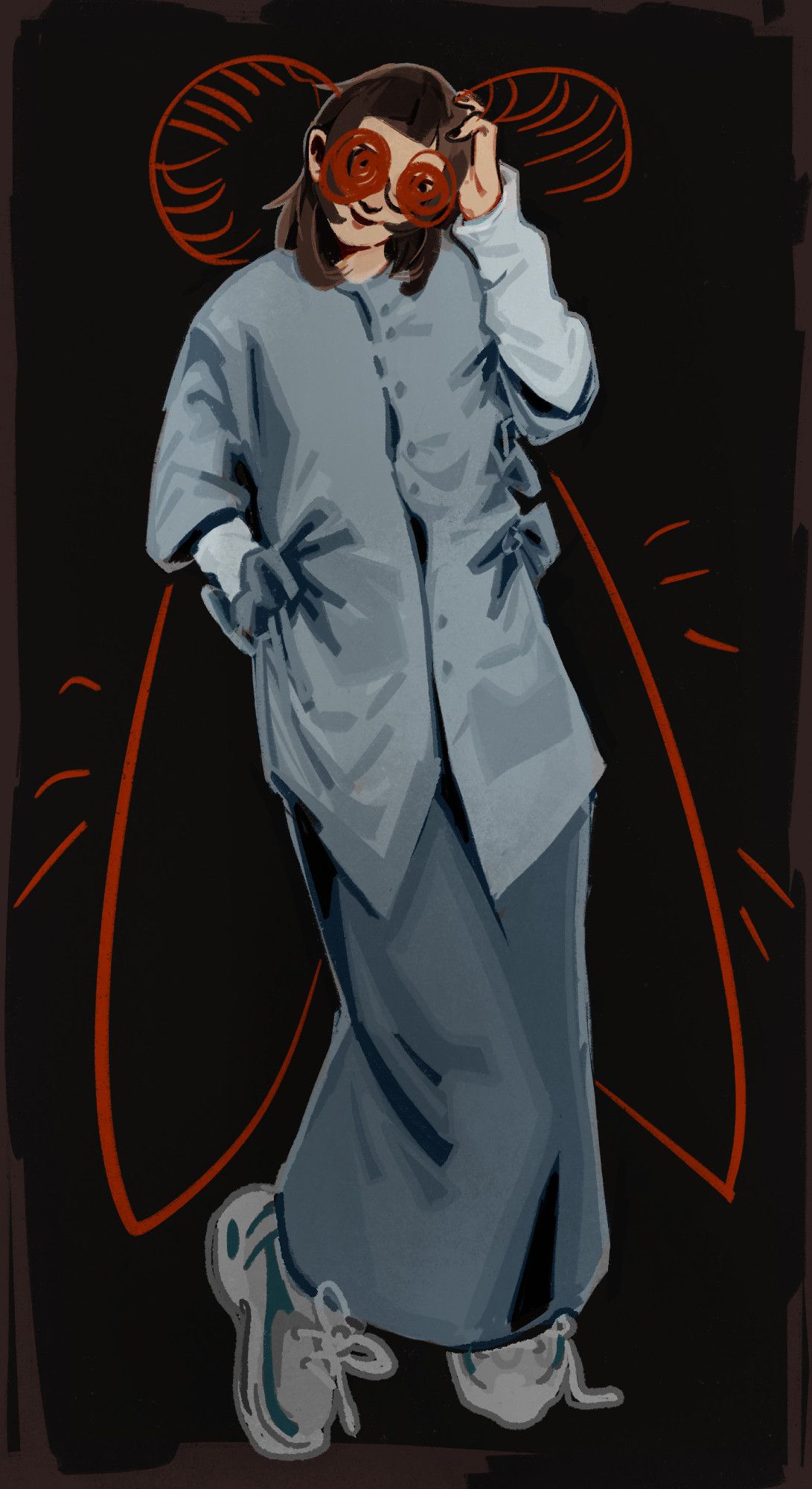 A digital painting of a person wearing a long, pale blue shirt, a long darker pale blue skirt and sneakers. The drawing has red marks on it which resemble a moth's wings and antennae.