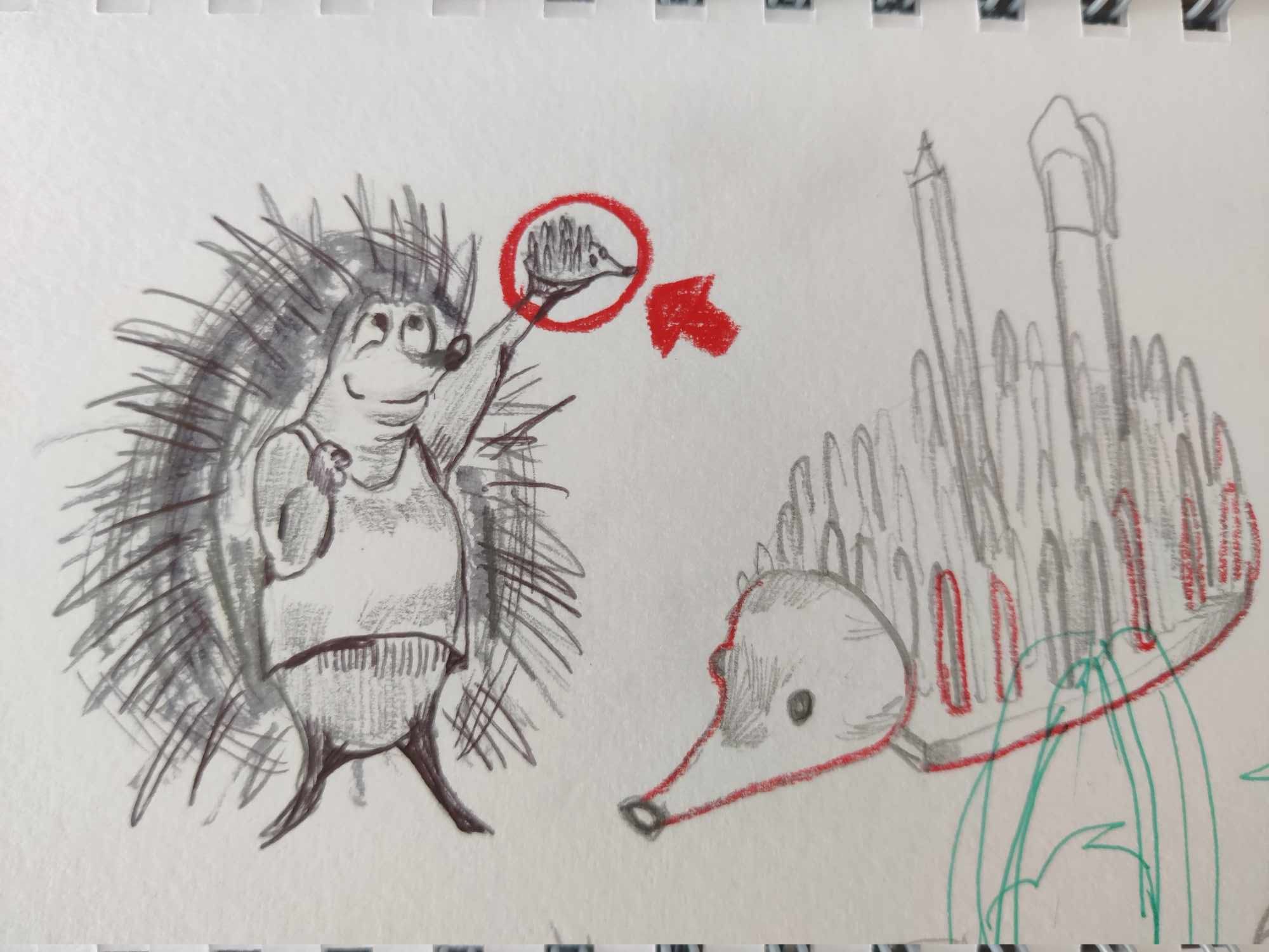 Pencil sketch of an anthropomorphic hedgehog, holding a hedgehog-shaped pen stand