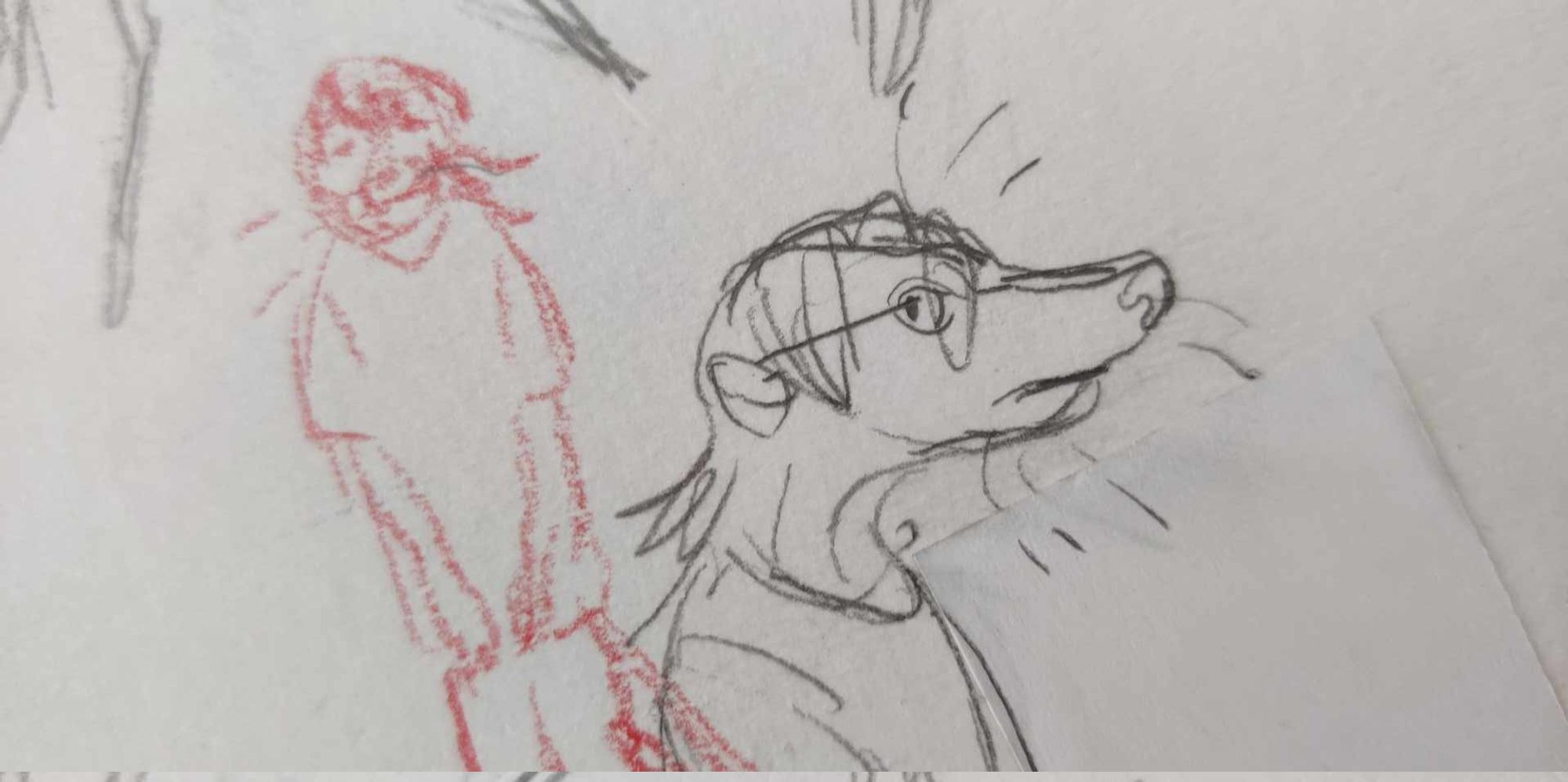 Pencil sketch of an anthro meerkat wearing big, circular glasses