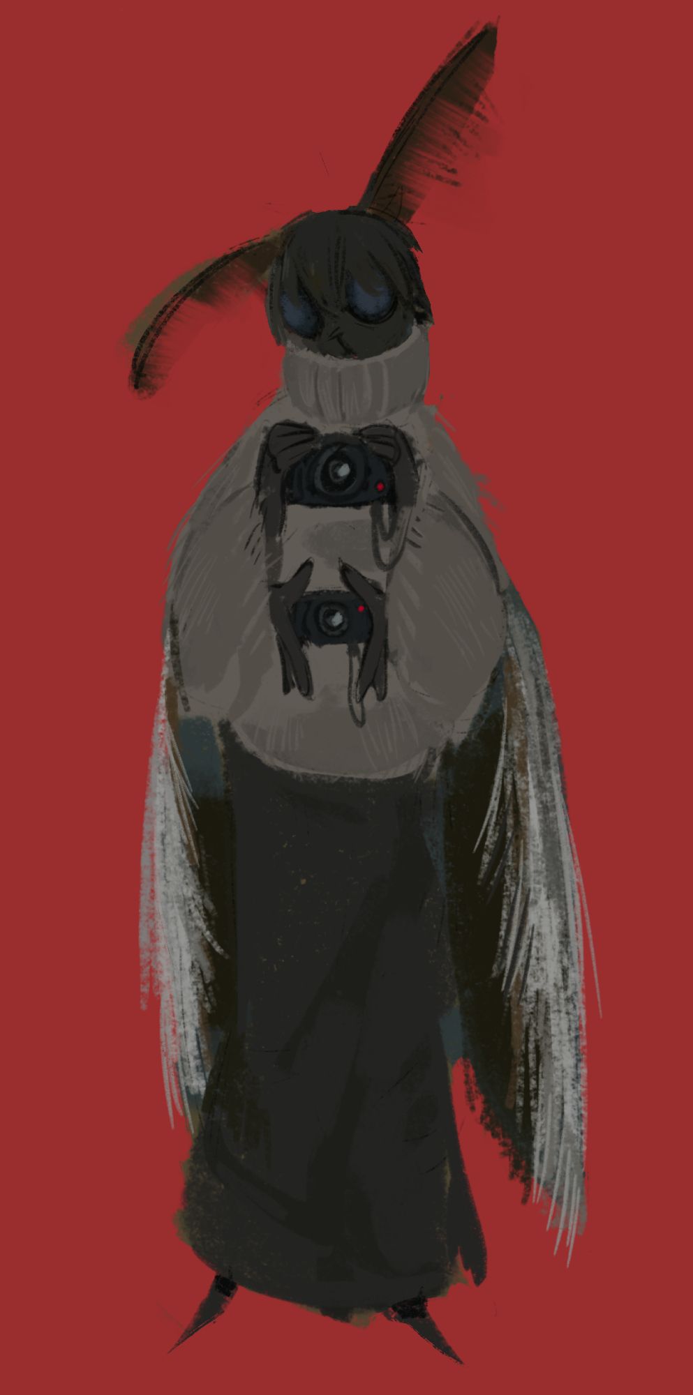 Digital drawing of an anthropomorphic moth wearing a long, black dress; beige sweater and holding two cameras. The drawing has a pure red background.