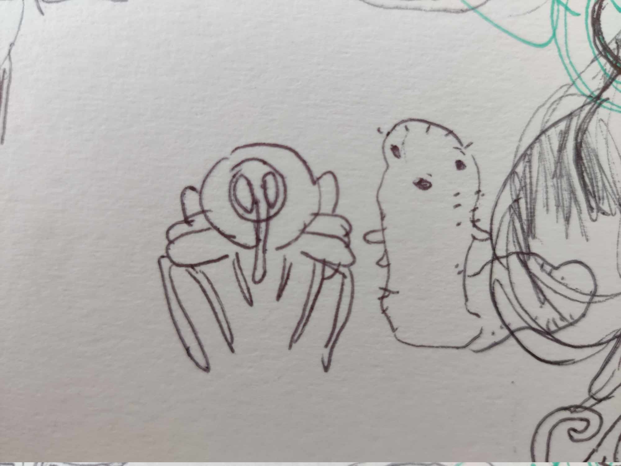 A sketch of a weevil and an indeterminate worm with a goofy face