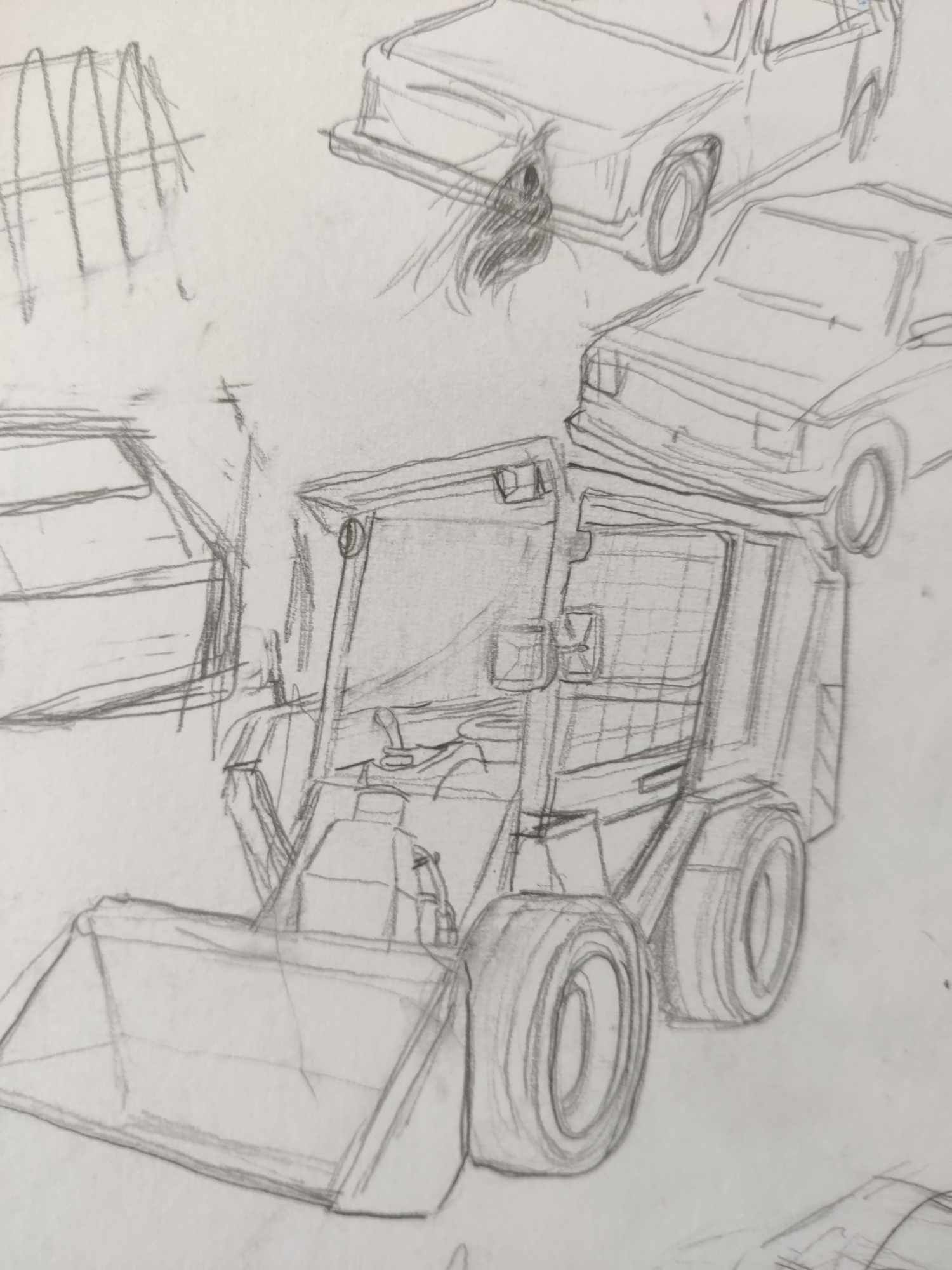 Sketches of various cars and industrial diggers