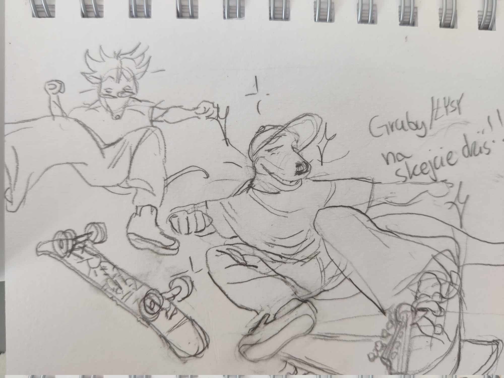 A sketch. On the left, an anthro meerkat is doing a kickflip on a skateboard. On the right, an anthro otter is crouched down on one.