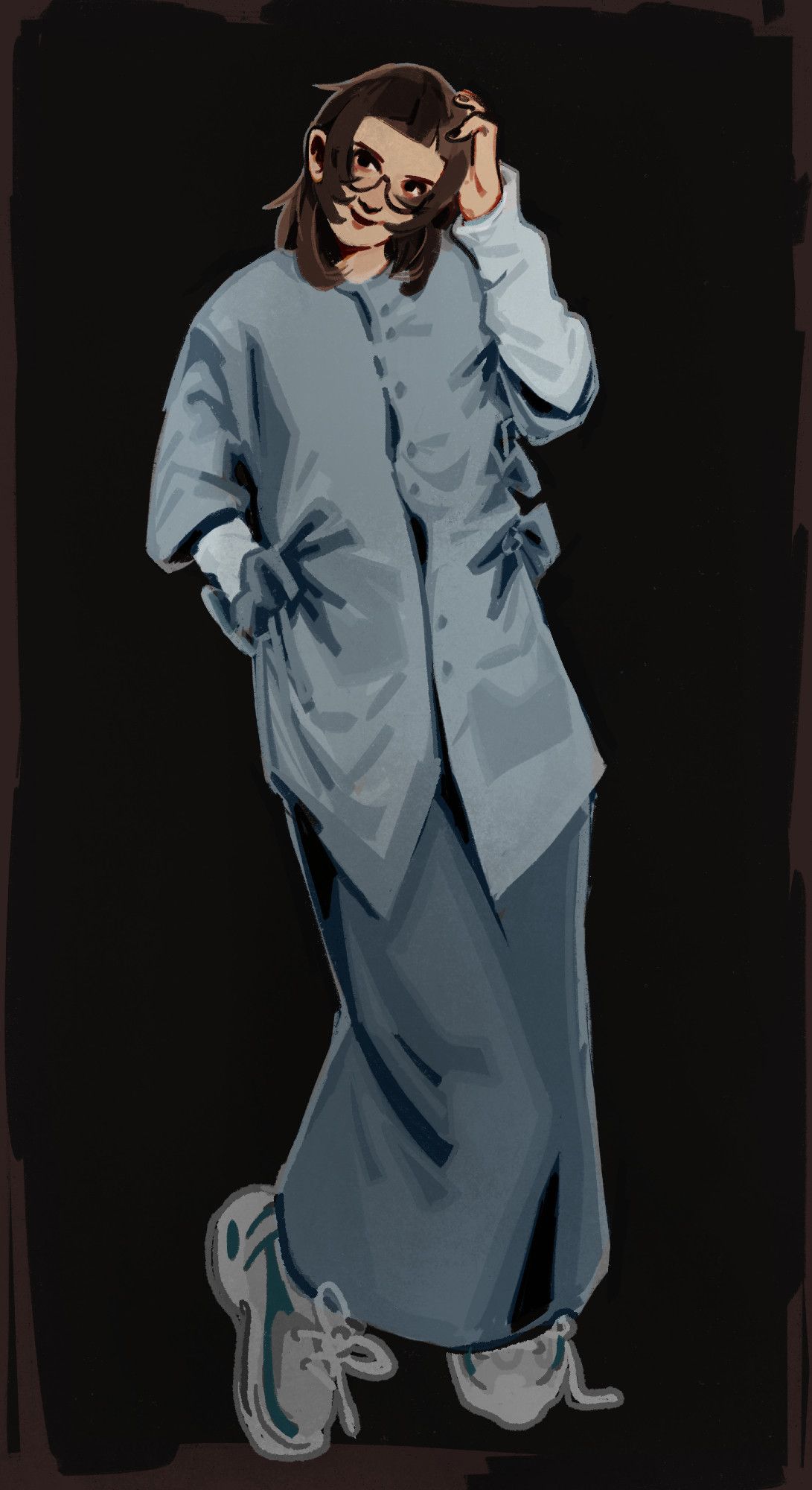 A digital painting of a person wearing a long, pale blue shirt, a long darker pale blue skirt and sneakers.