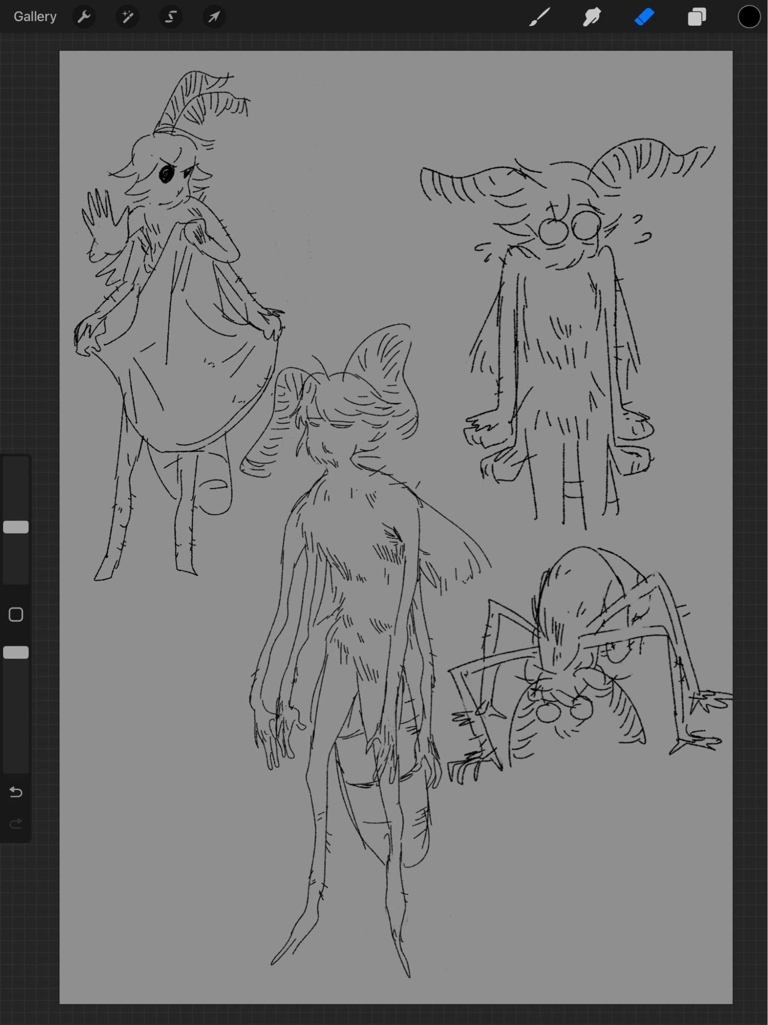 4 sketches of an anthropomorphic moth