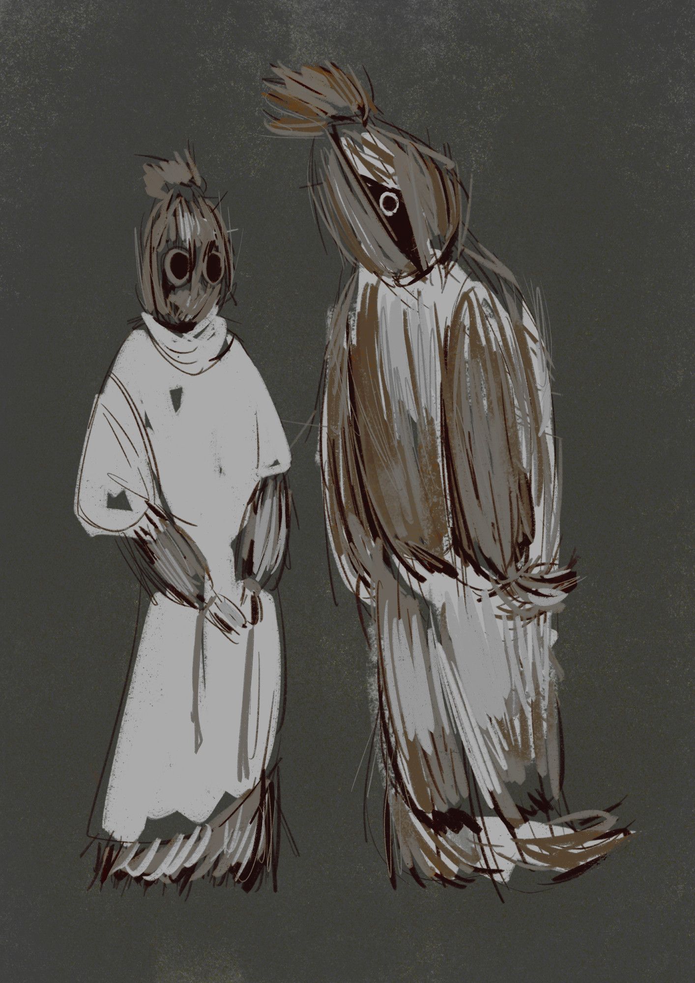 Digital drawing of an anthropomorphized versions of (from left to right) a marzanna and a chochoł