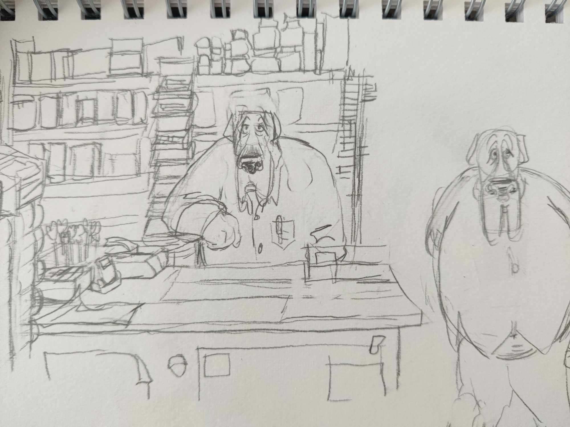 A pencil sketch of an older-looking anthro dog at a desk. Behind him is a set of shelves with various boxes stacked on them.