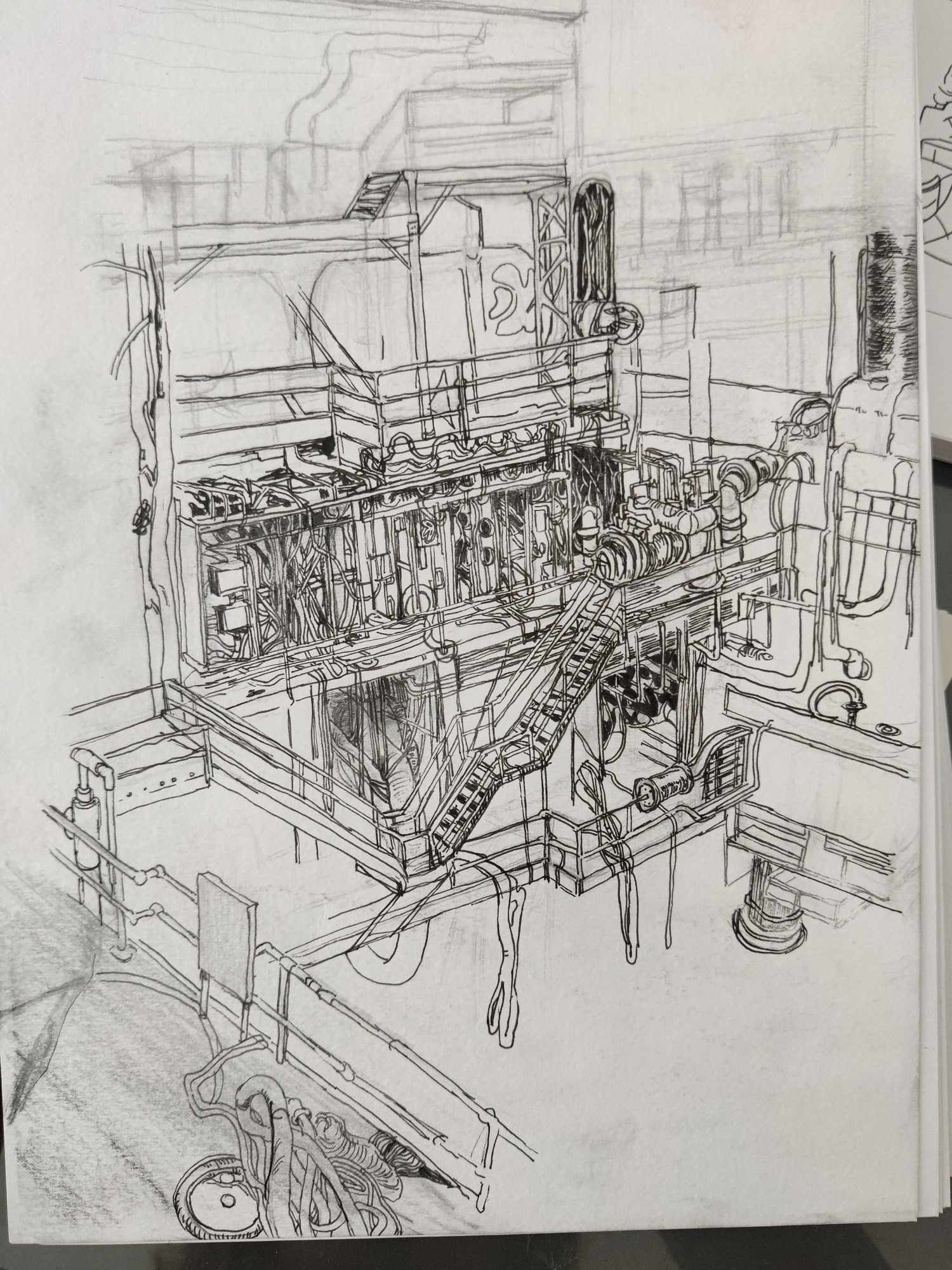 Extremely detailed pencil sketch of an undetermined factory