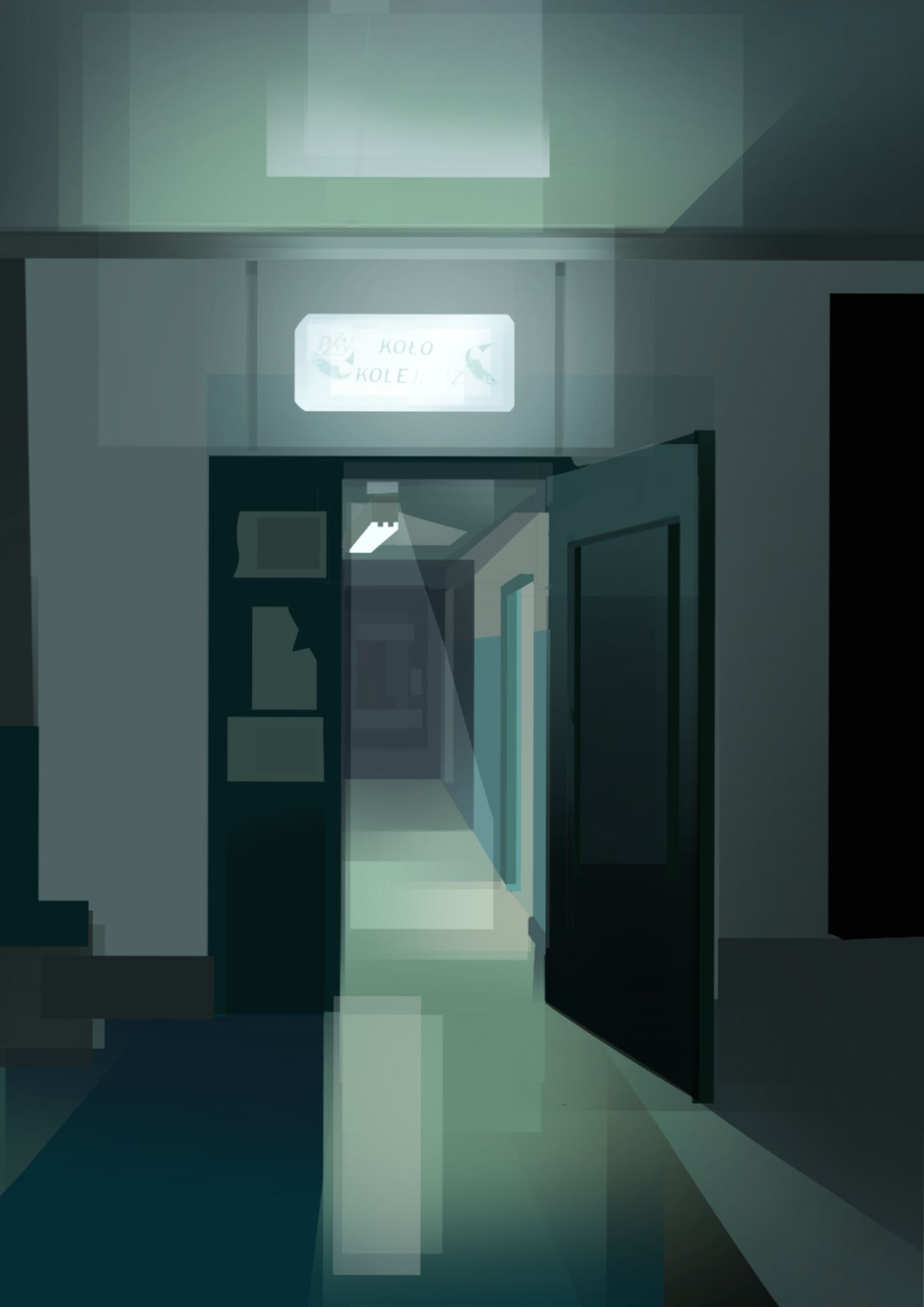 Shot of a green-ish corridor, with doors open. The doors are black, and have various paper notes stuck to it with tape