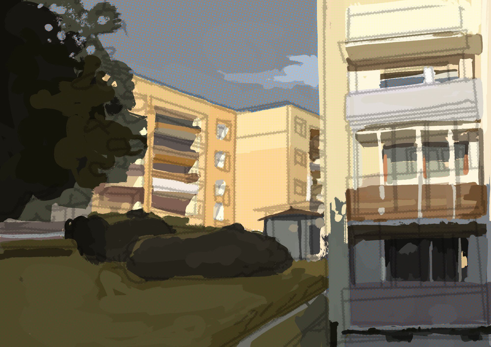 Colored sketch of a residential neighborhood. Two buildings are visible, and inbetween them is a small park.