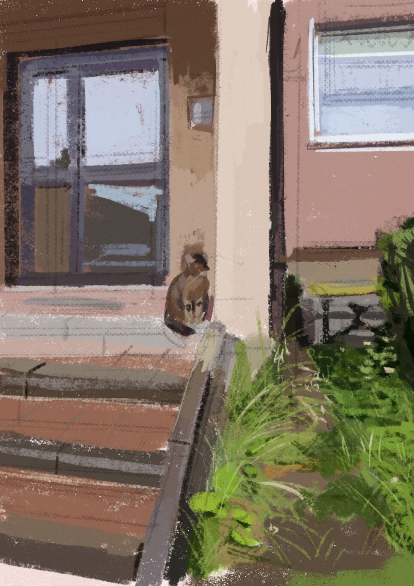 Colored sketch of a residential highrise porch. A tabby cat sits on the porch.