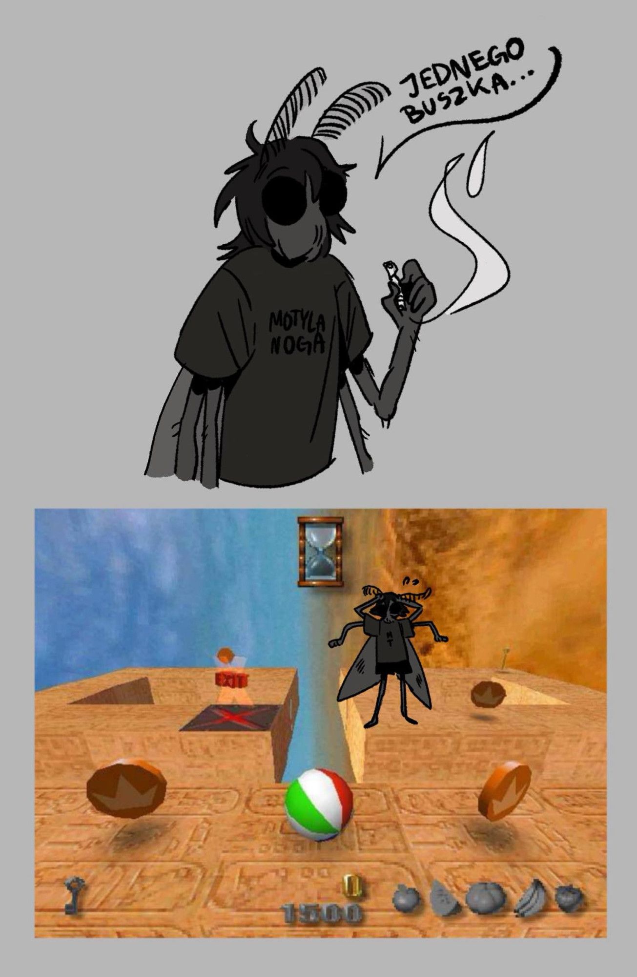 A two-panel comic. First panel depicts an anthro moth holding a joint, saying "one puff..." in Polish. The following panel depicts the moth put into the PS1 game Kula World