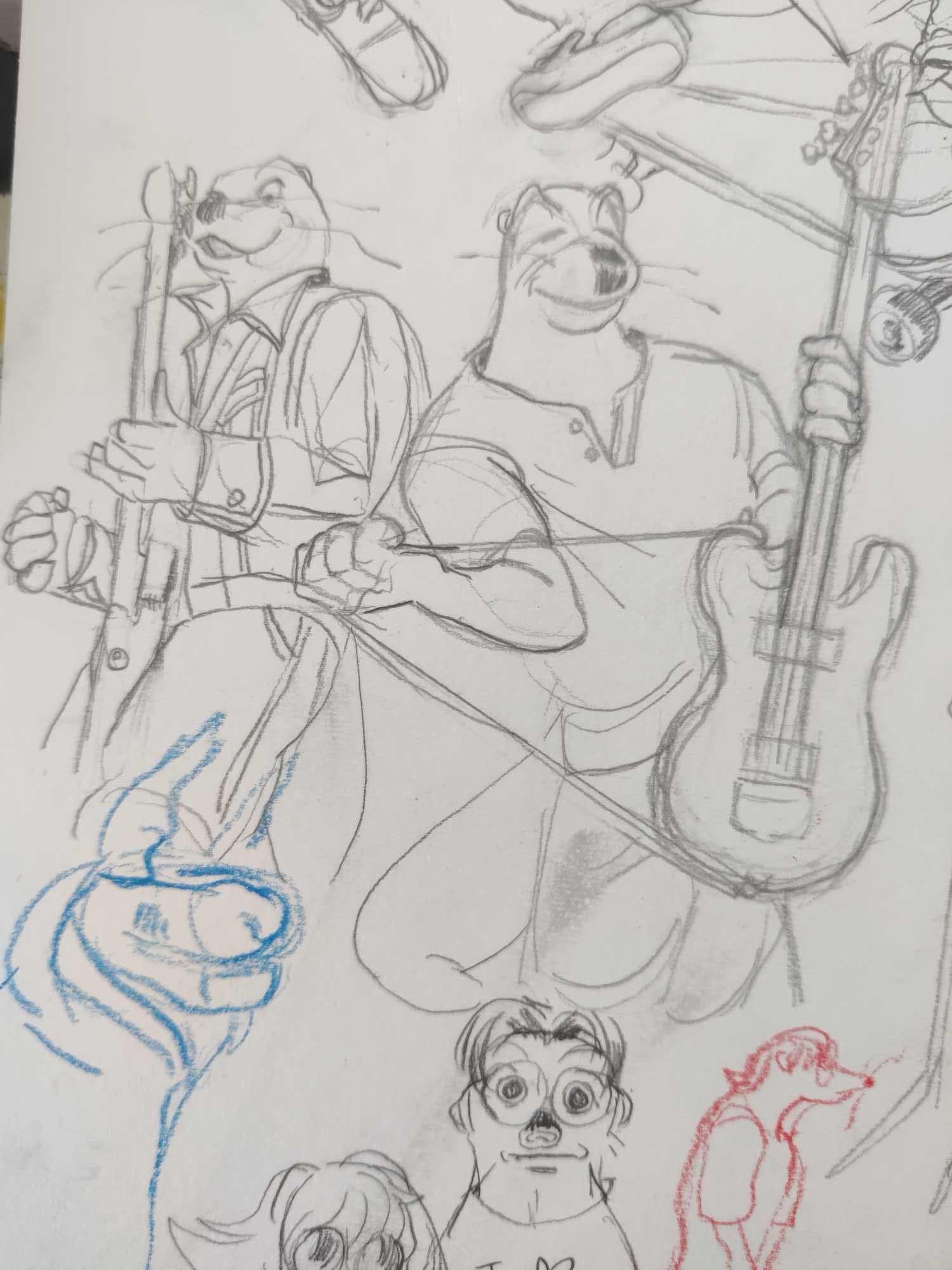 Assorted sketches of various anthros, most prominently, two sketches of an otter anthro playing an electric guitar