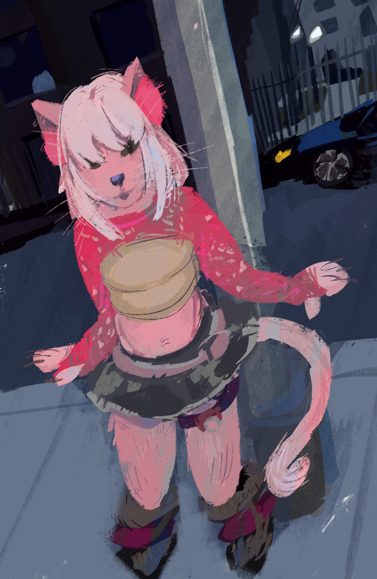 Drawing of an anthropomorphic pink cat wearing a short black skirt, beige tube top and pink mesh shirt