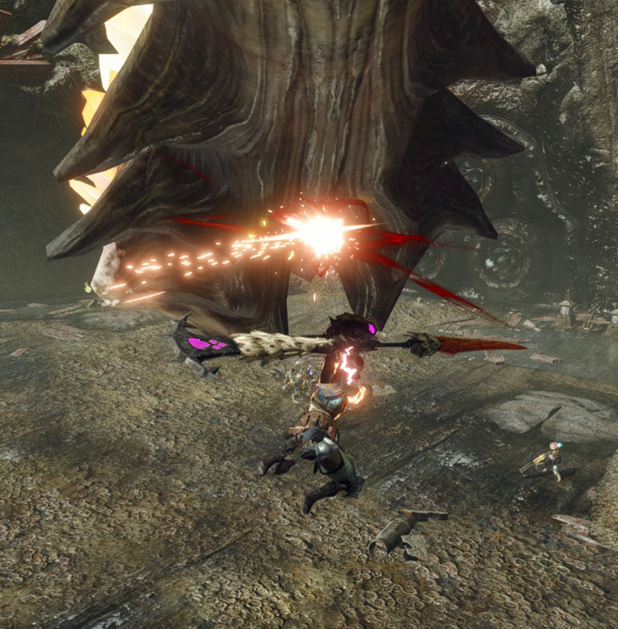 A killscreen from Monster Hunter Rise. It shows the hunter high in the air, registering a hit on the tail of a floating serpentine dragon with her glaive. The floor of the Coral Palace arena can be seen behind and below, with a second hunter visible on the ground for scale.