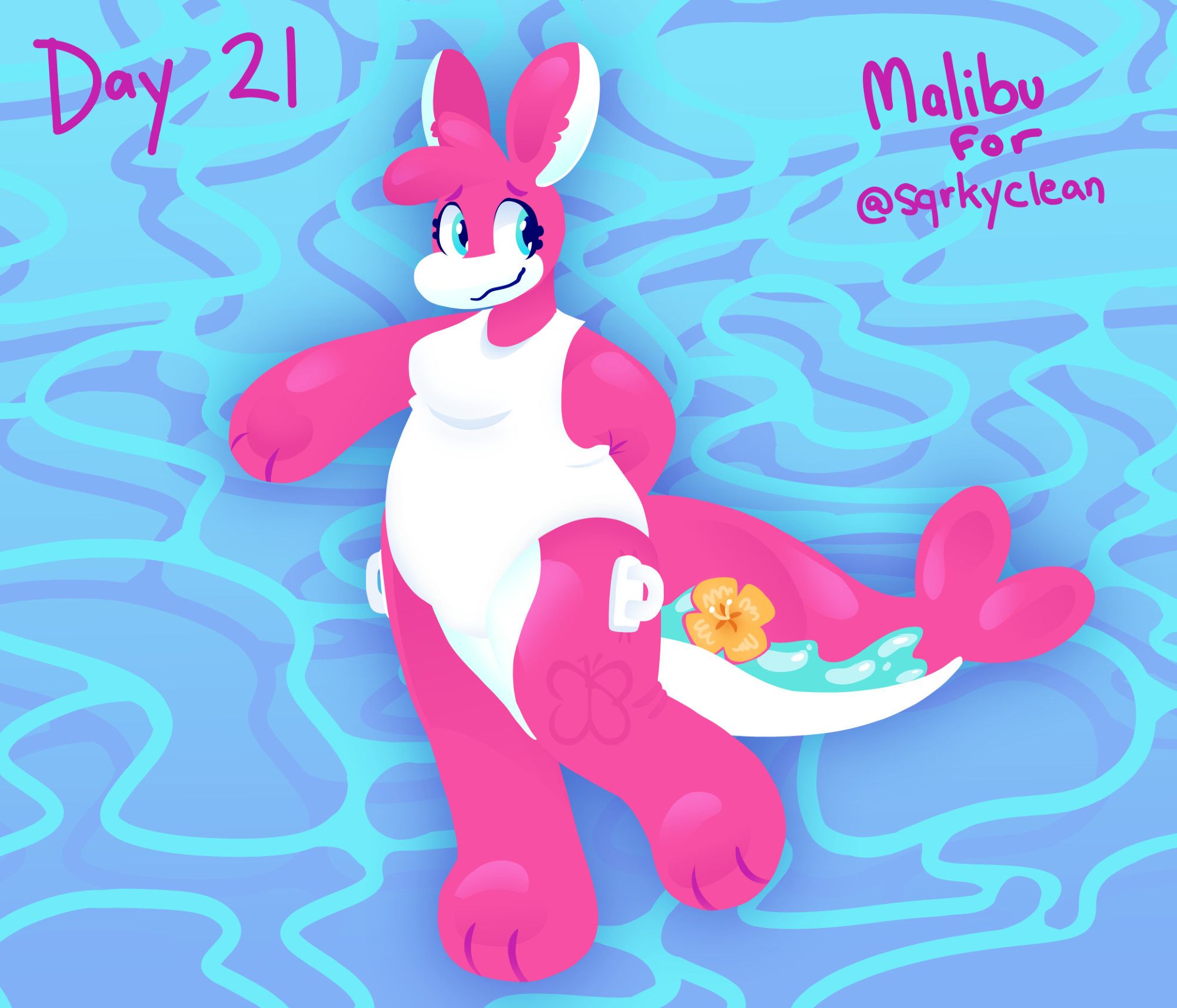 A lineless fullbody of the character Malibu, a pink and white anthro pooltoy with a dolphin-like tail and long rabbit-like ears, over a blue gradient background. 