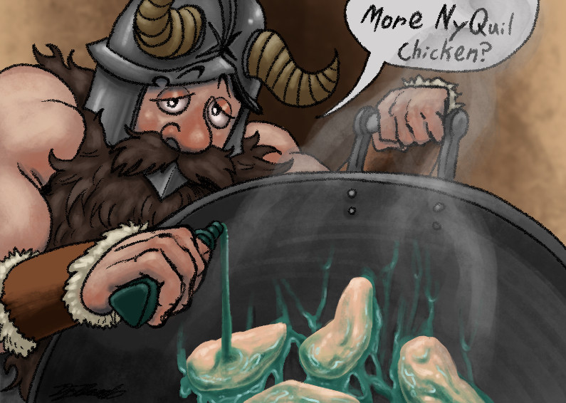 Senshi from Dungeon Meshi pouring NyQuil on some chicken cutlets, just for you. “More NyQuil chicken?” he asks. 