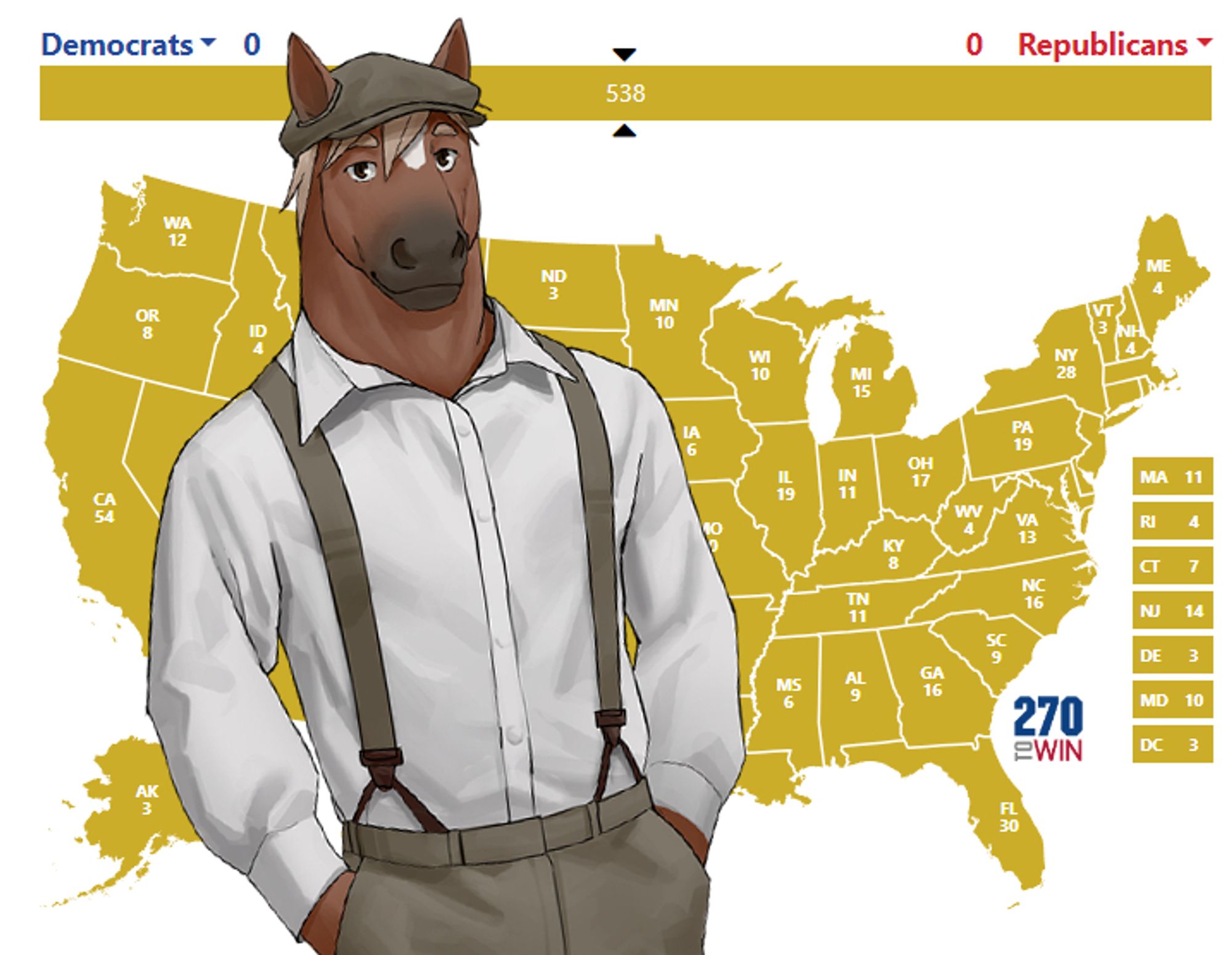 The yellow-colored "JEB!" US electoral map, with Jeb the horse (from The Smoke Room) superimposed on it.