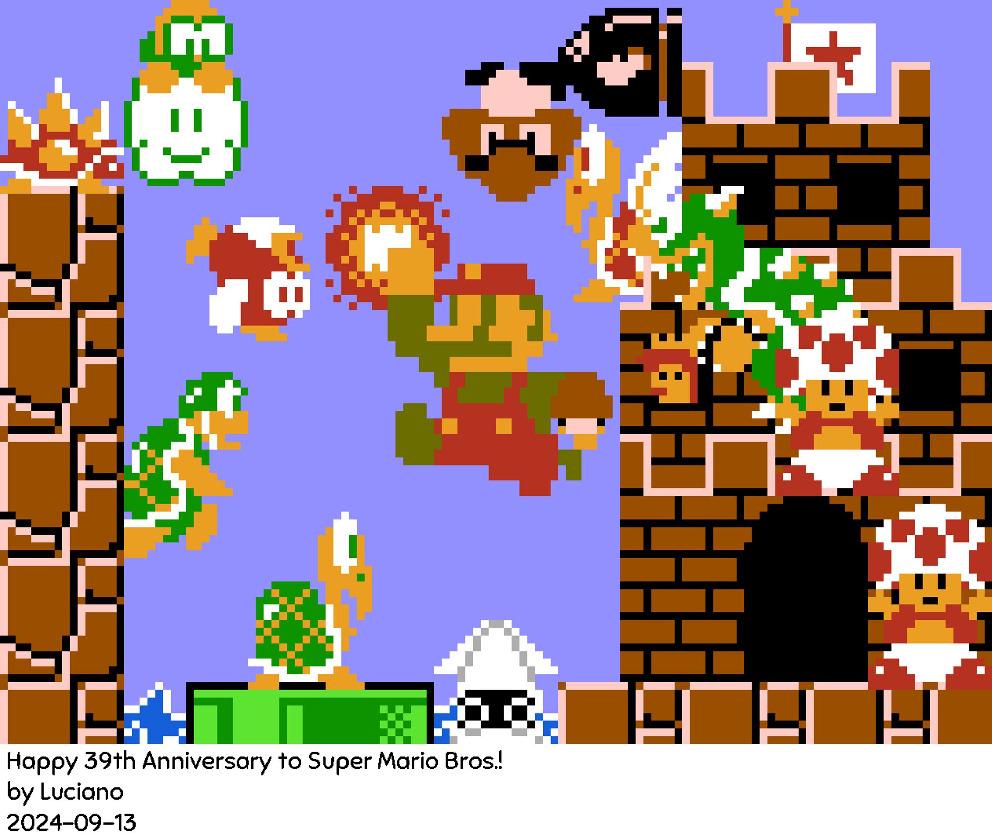 A pixelated Mario jumping with some characters in the background.