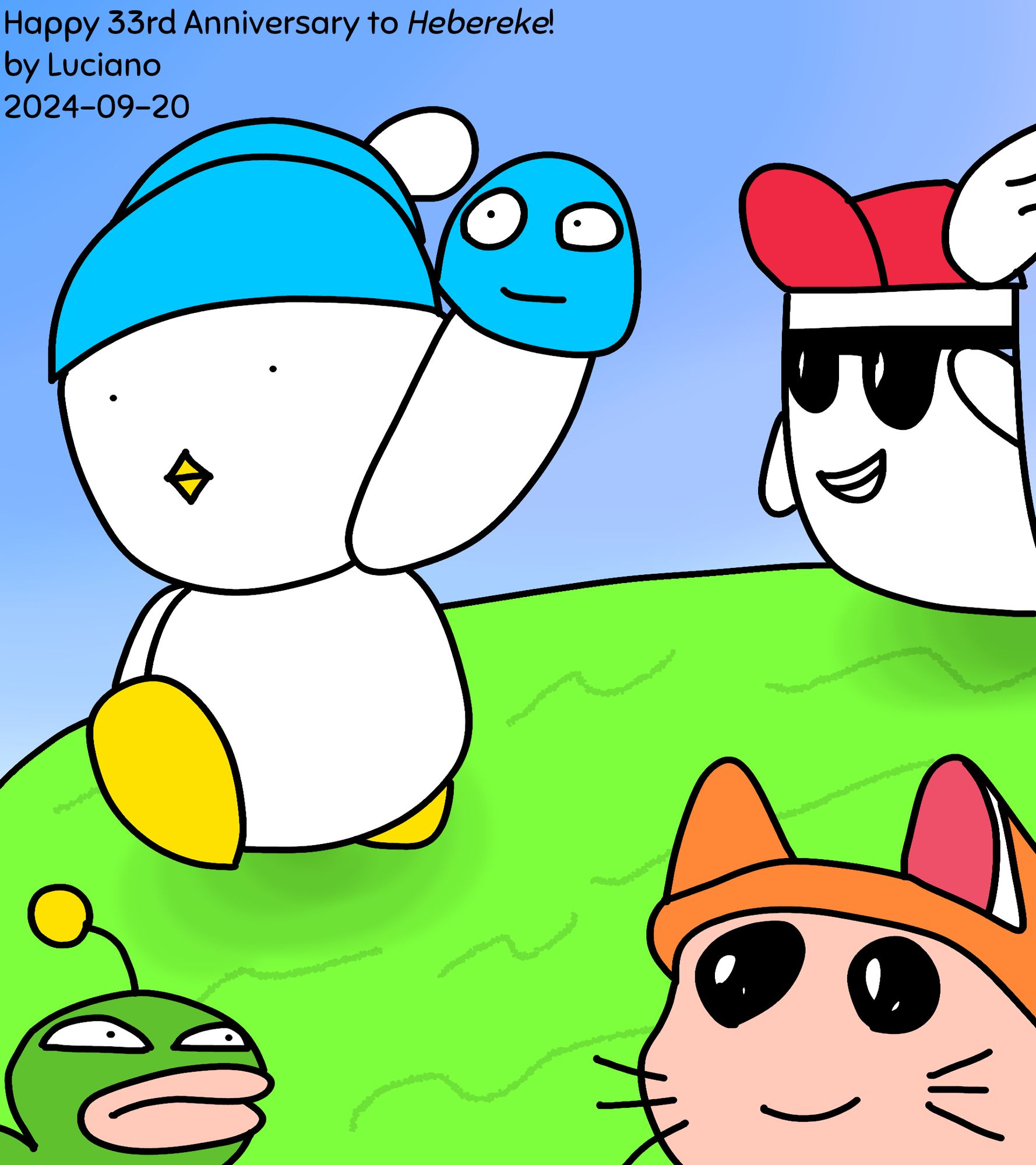 An albino penguin holding a blue blob, alongside an orange cat girl, a green angler fish and a red-capped ghost.