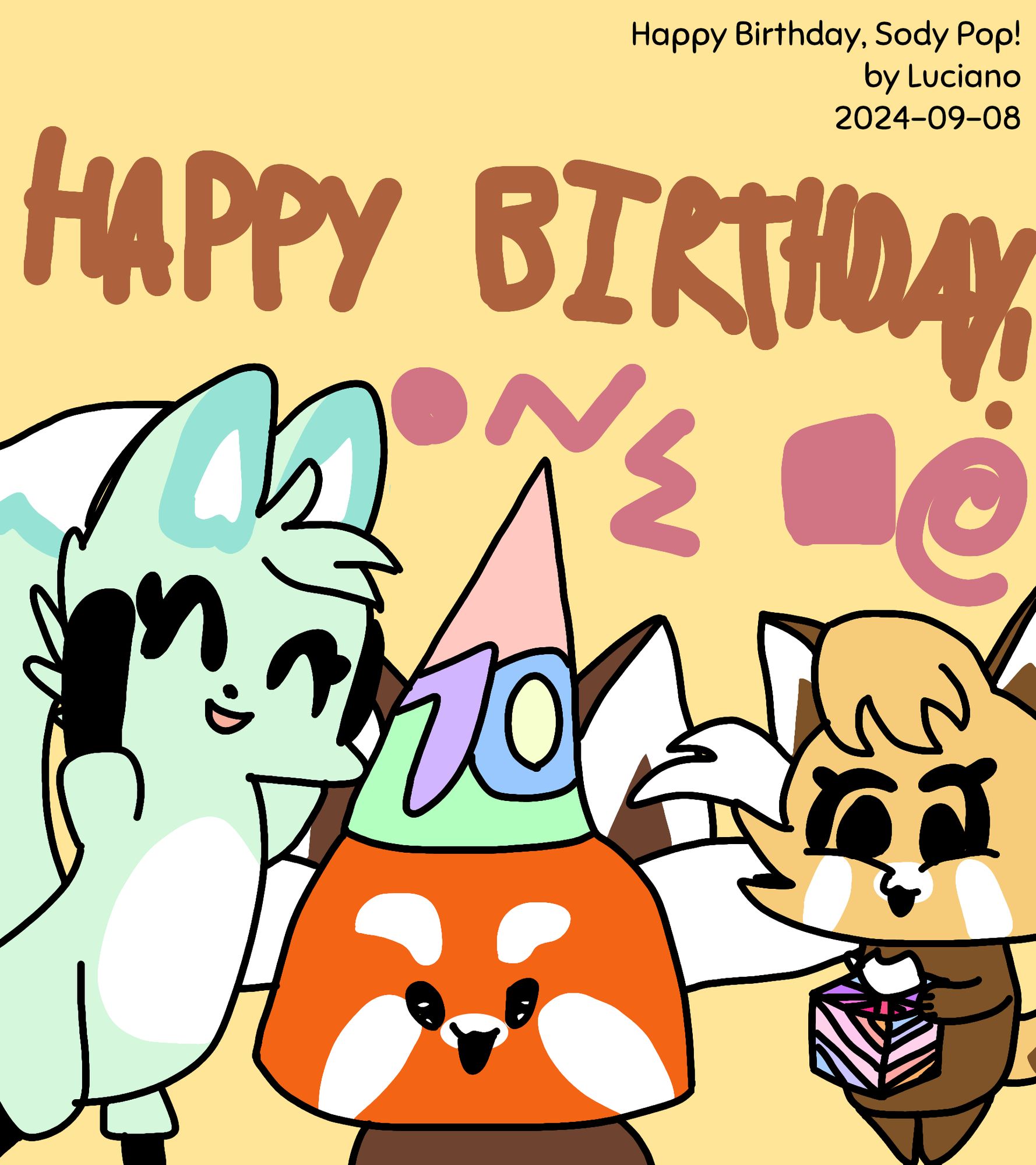 A red panda with a "10" hat, having its tenth birthday celebrated by his mother, as well as a female fox.